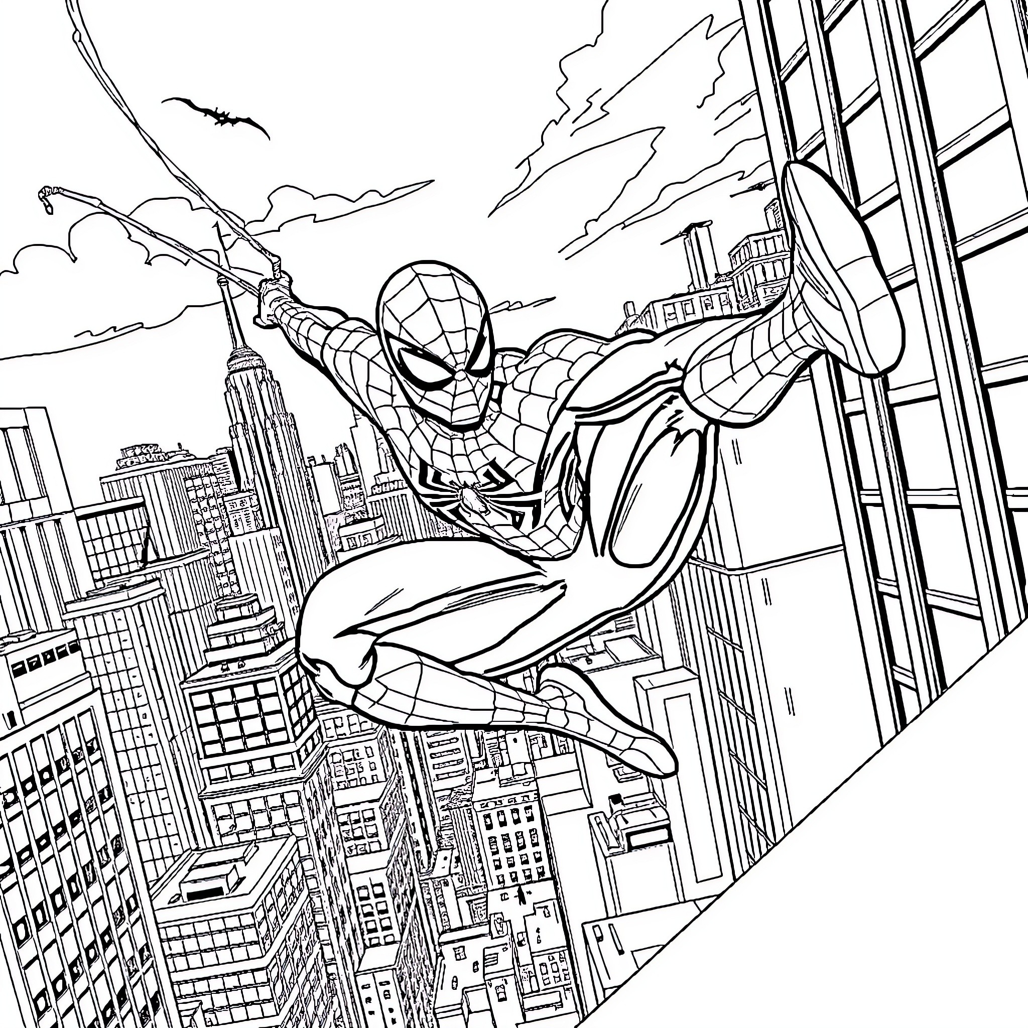 Spiderman swinging through the city skyline Coloring Page (free black-and-white line drawing printable PDF for all, from beginners to advanced learners, including children, teens, adults, and seniors)