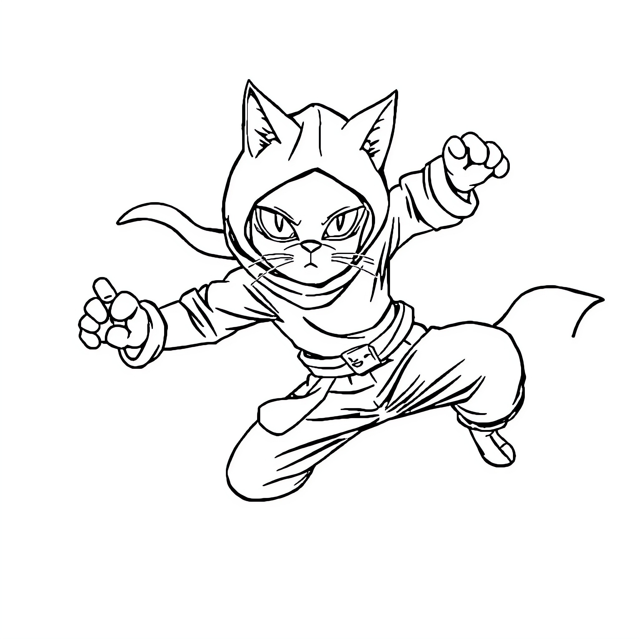 Cat ninja warrior on the attack Coloring Page (free black-and-white line drawing printable PDF for all, from beginners to advanced learners, including children, teens, adults, and seniors)