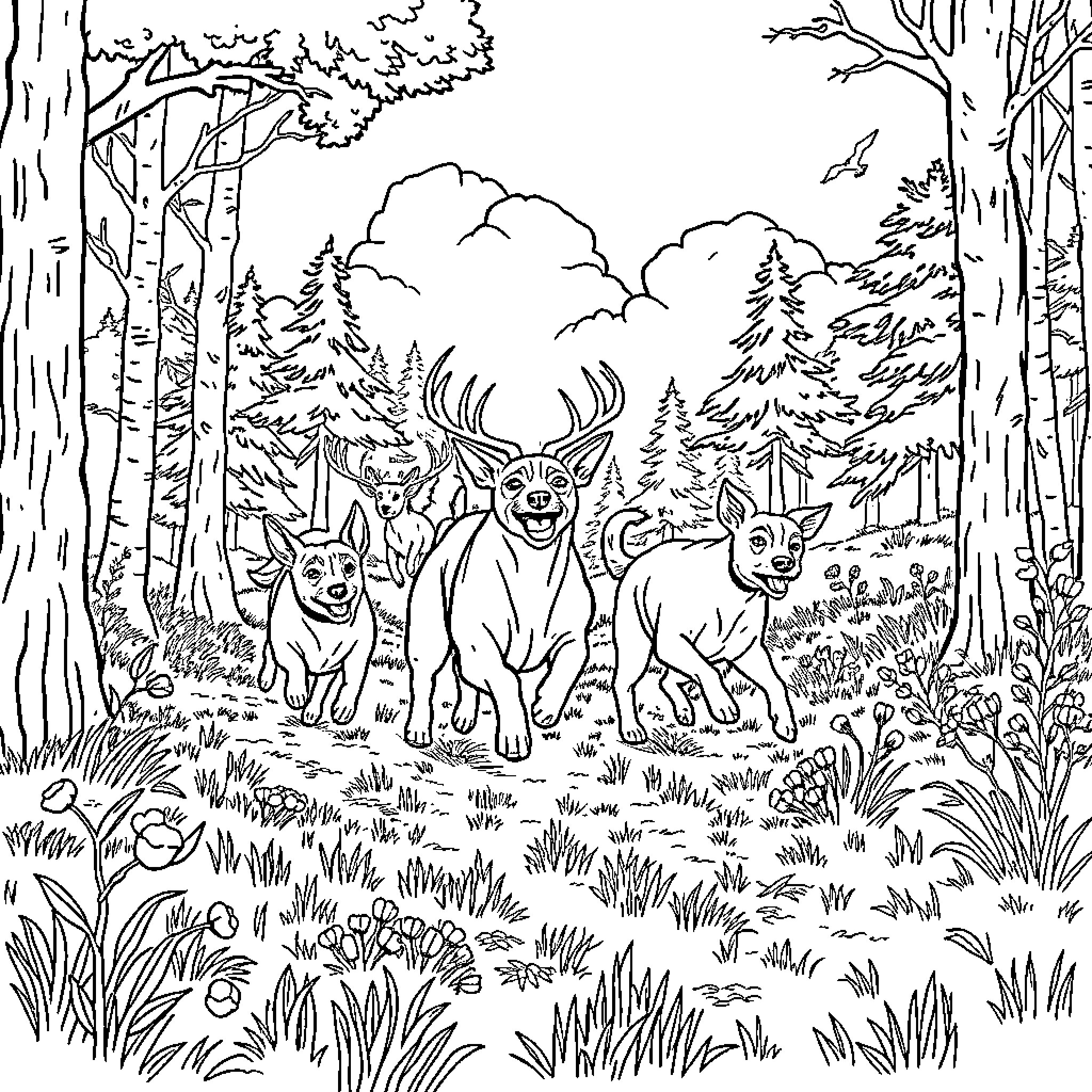 Dog Deer Family Enjoying Nature in Forest Coloring Page (free black-and-white line drawing printable PDF for all, from beginners to advanced learners, including children, teens, adults, and seniors)