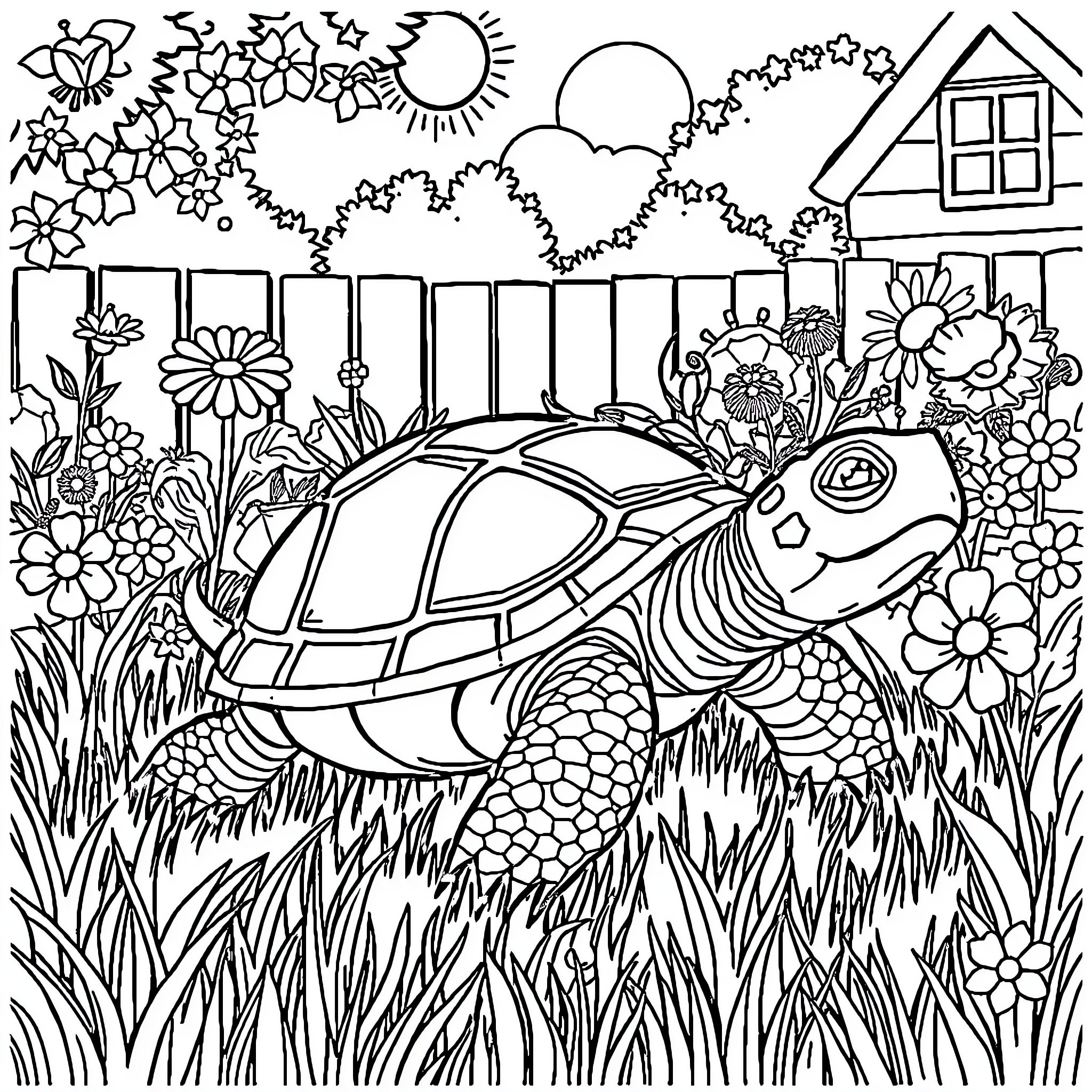 Turtle enjoying the garden scenery Coloring Page (free black-and-white line drawing printable PDF for all, from beginners to advanced learners, including children, teens, adults, and seniors)