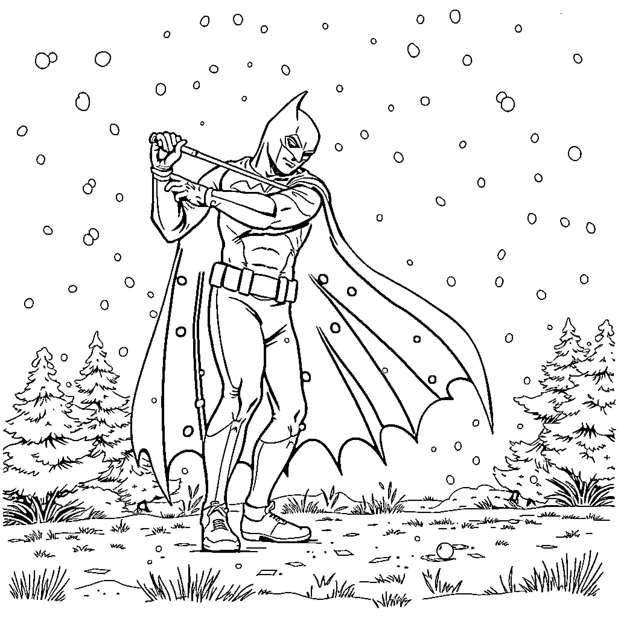 Batman in Winter Wonderland Adventure Coloring Page (free black-and-white line drawing printable PDF for all, from beginners to advanced learners, including children, teens, adults, and seniors)