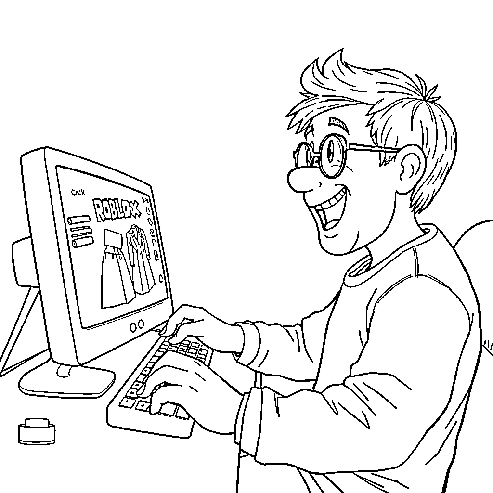 Kid designing clothes on computer Coloring Page (free black-and-white line drawing printable PDF for all, from beginners to advanced learners, including children, teens, adults, and seniors)