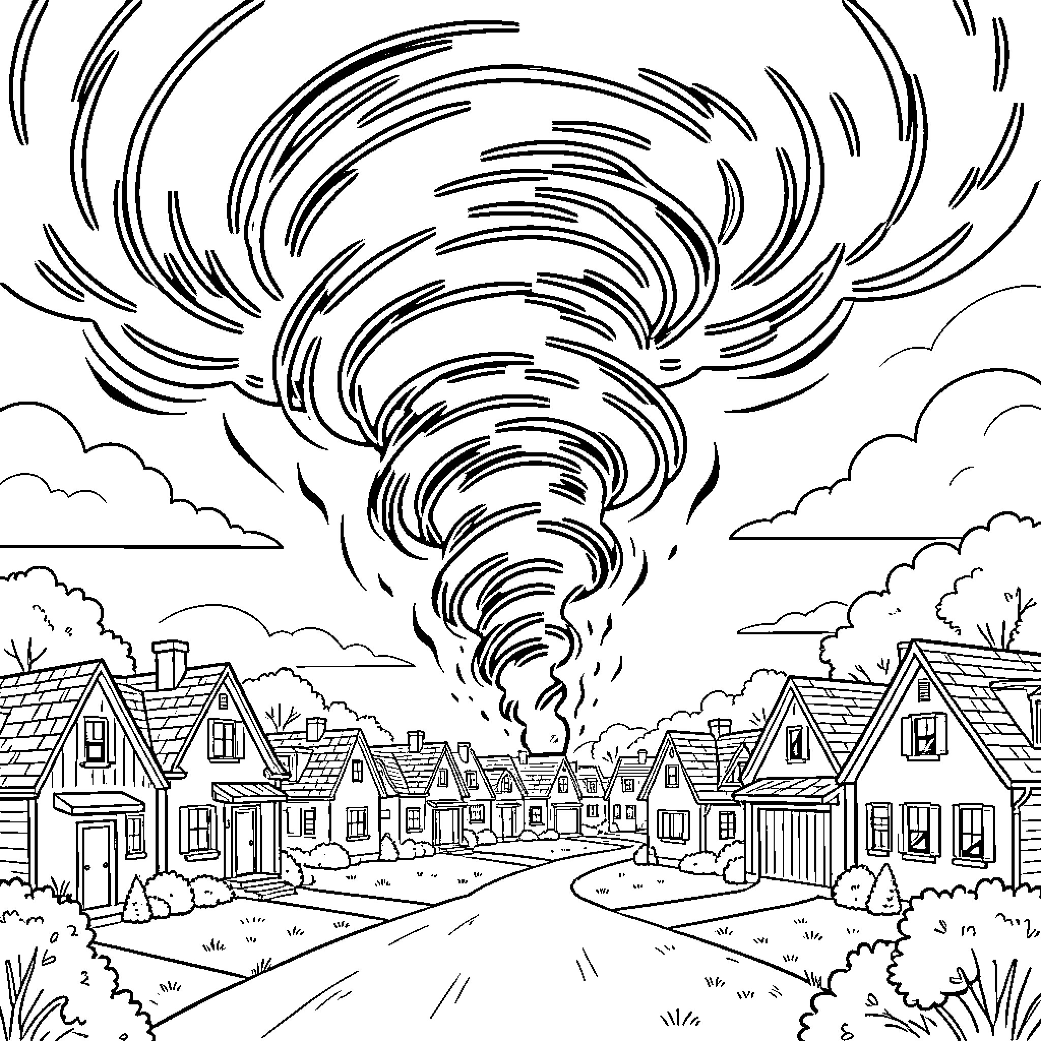 Tornado Ravaging Through a Residential Neighborhood Coloring Page (free black-and-white line drawing printable PDF for all, from beginners to advanced learners, including children, teens, adults, and seniors)