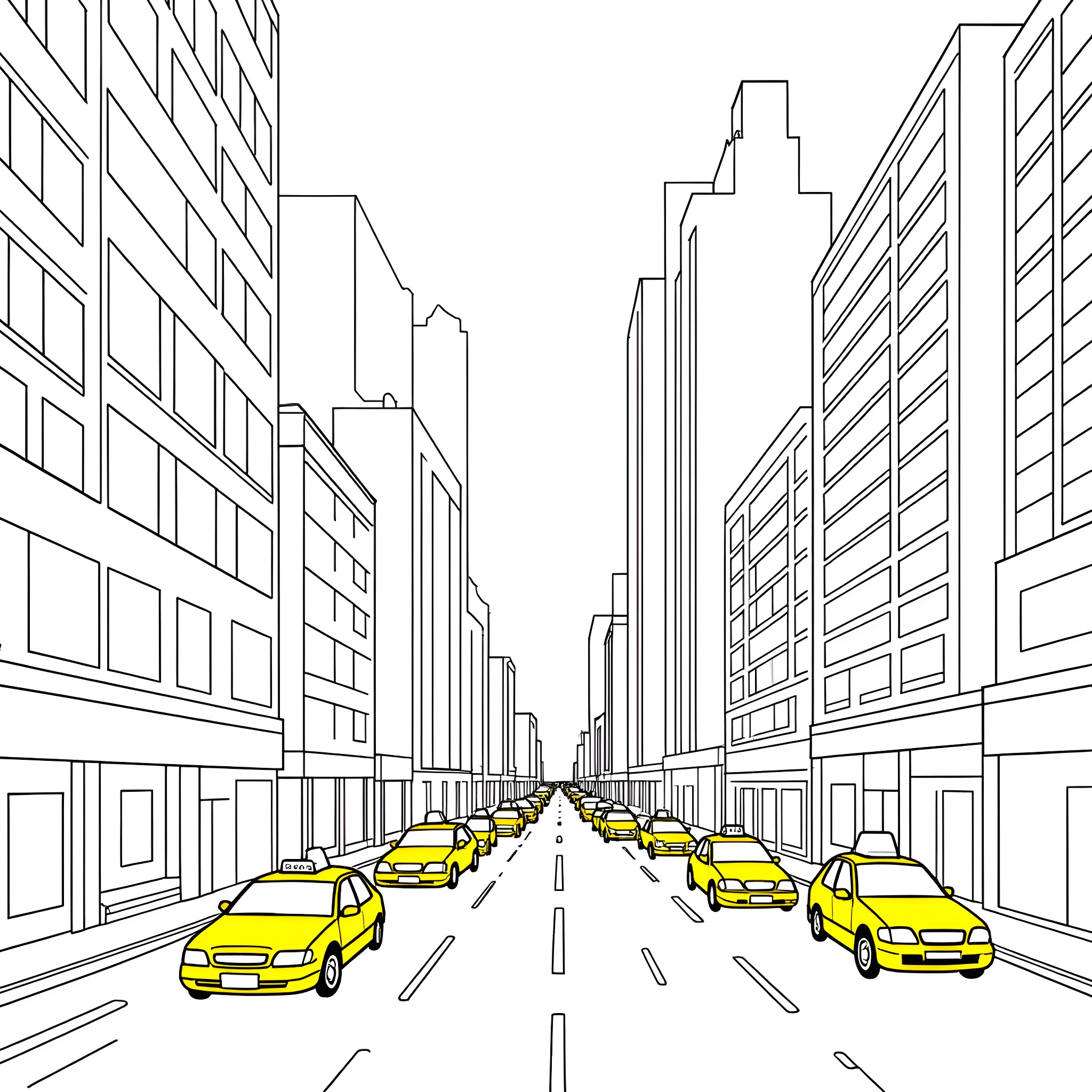 New York City street scene with yellow taxi cabs Coloring Page (free black-and-white line drawing printable PDF for all, from beginners to advanced learners, including children, teens, adults, and seniors)