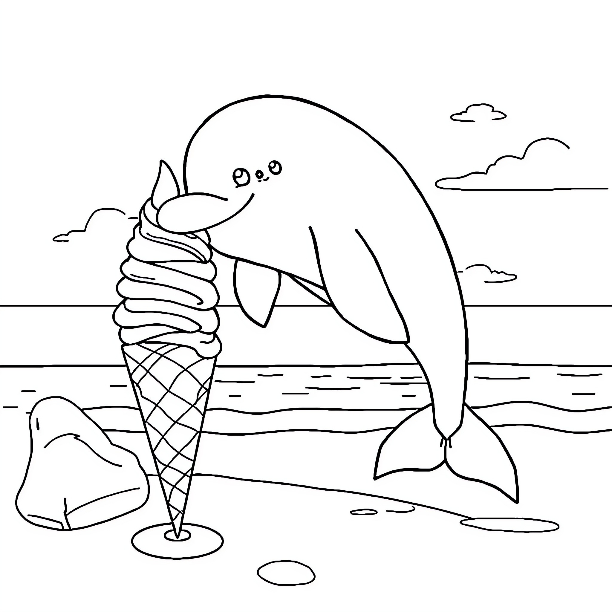 Dolphin enjoying an ice cream by the sea Coloring Page (free black-and-white line drawing printable PDF for all, from beginners to advanced learners, including children, teens, adults, and seniors)