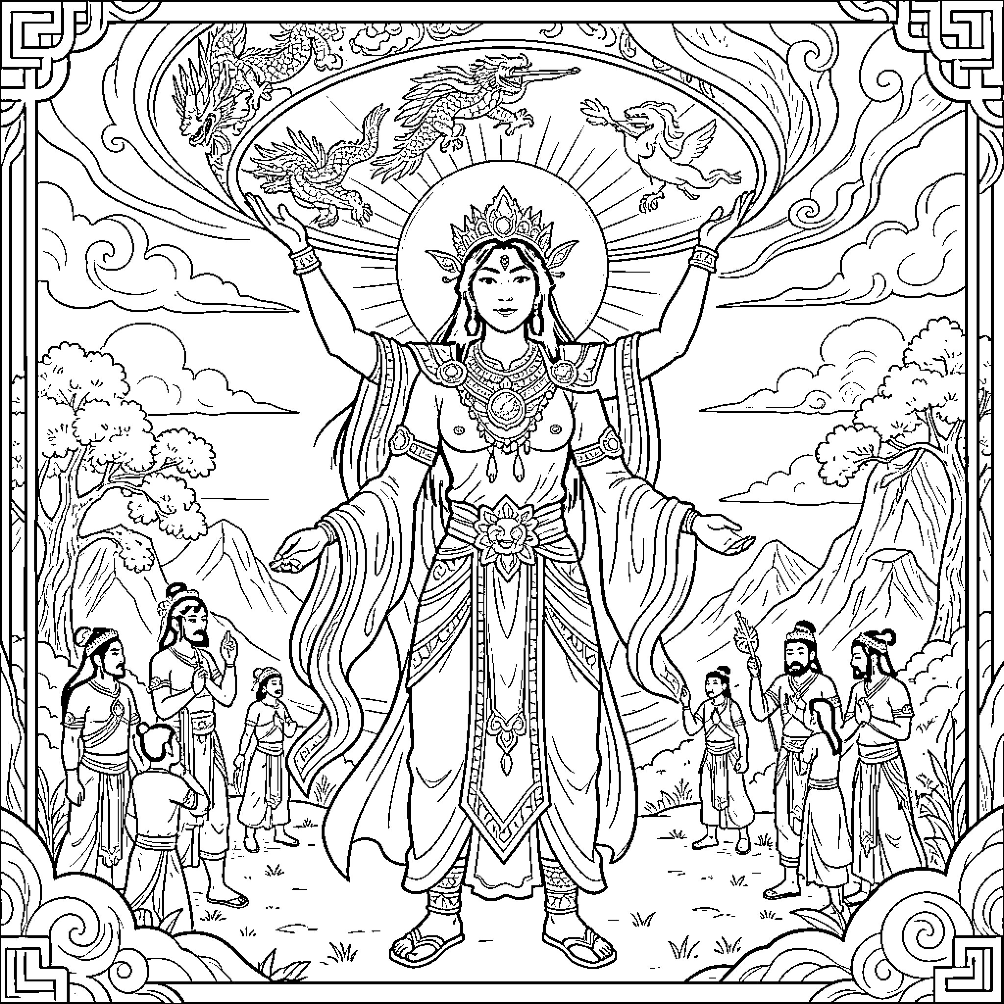 Nu Wa holding dragons high amidst a mountain landscape Coloring Page (free black-and-white line drawing printable PDF for all, from beginners to advanced learners, including children, teens, adults, and seniors)