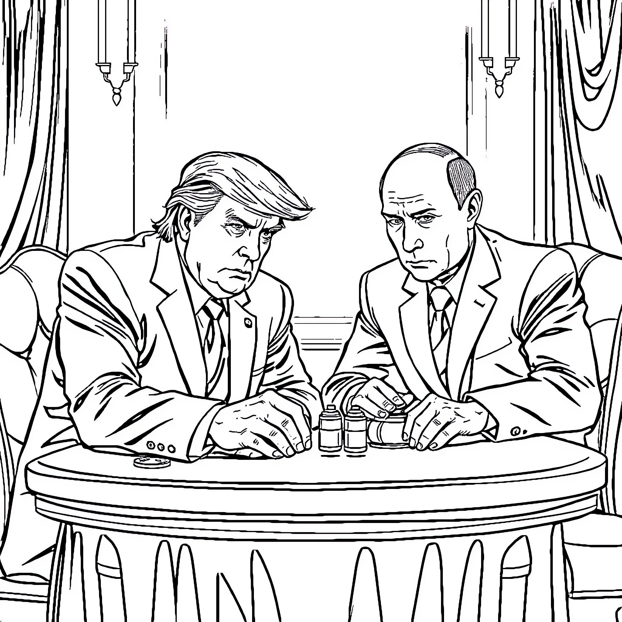 President Holding Meeting with Advisor in Ornate Room Coloring Page (free black-and-white line drawing printable PDF for all, from beginners to advanced learners, including children, teens, adults, and seniors)