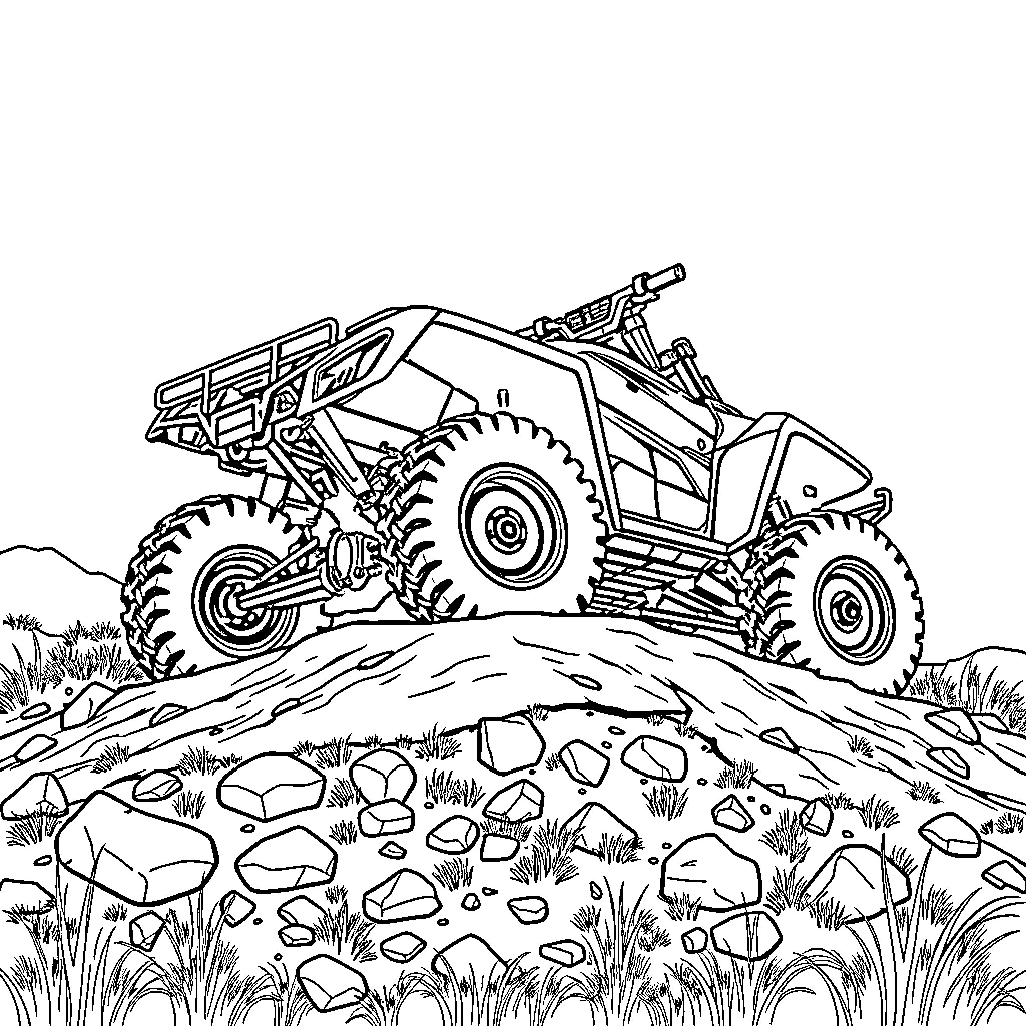 Four Wheeler Navigating Rugged Terrain Coloring Page (free black-and-white line drawing printable PDF for all, from beginners to advanced learners, including children, teens, adults, and seniors)