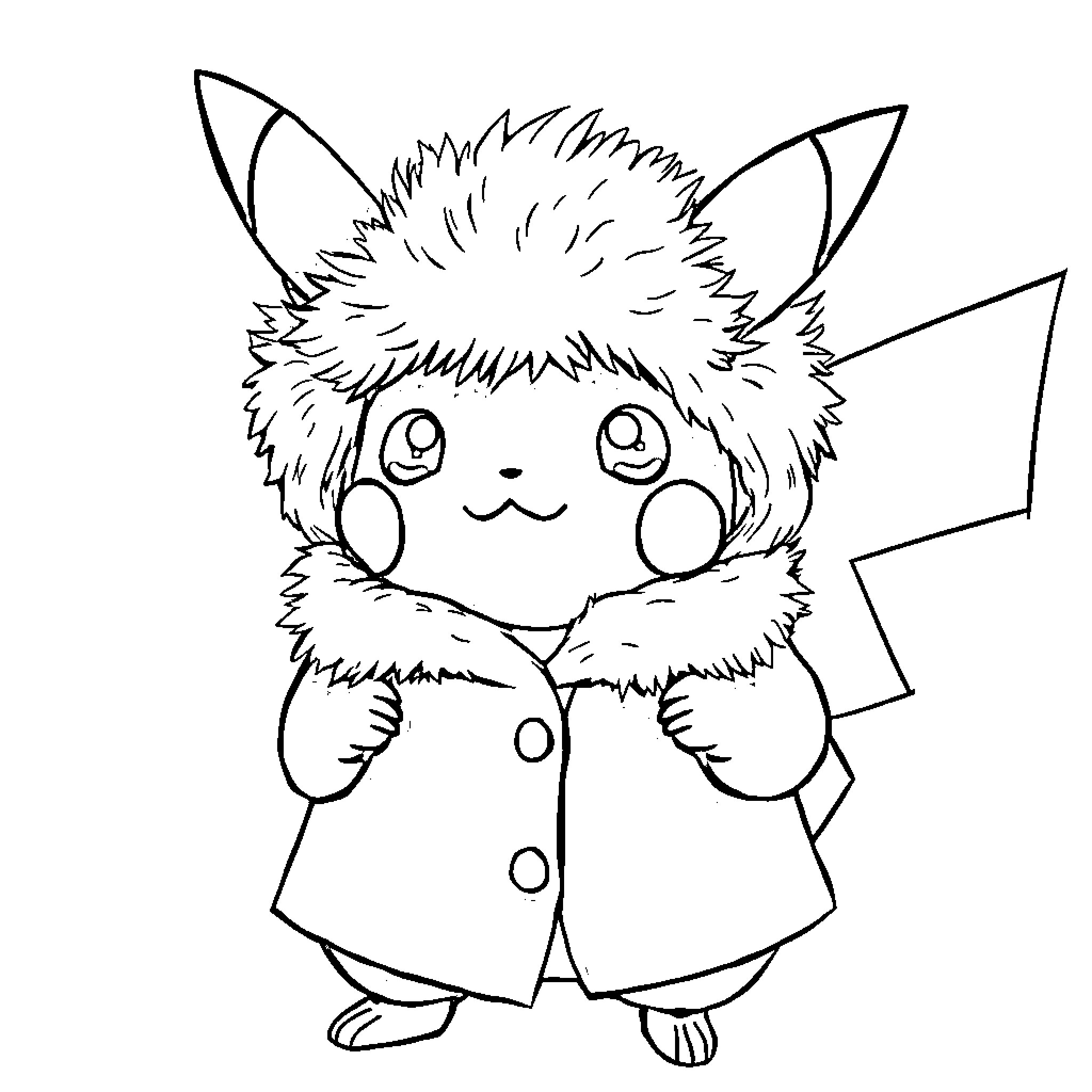 Pikachu in a Cute Coat Holding a Sign Coloring Page (free black-and-white line drawing printable PDF for all, from beginners to advanced learners, including children, teens, adults, and seniors)