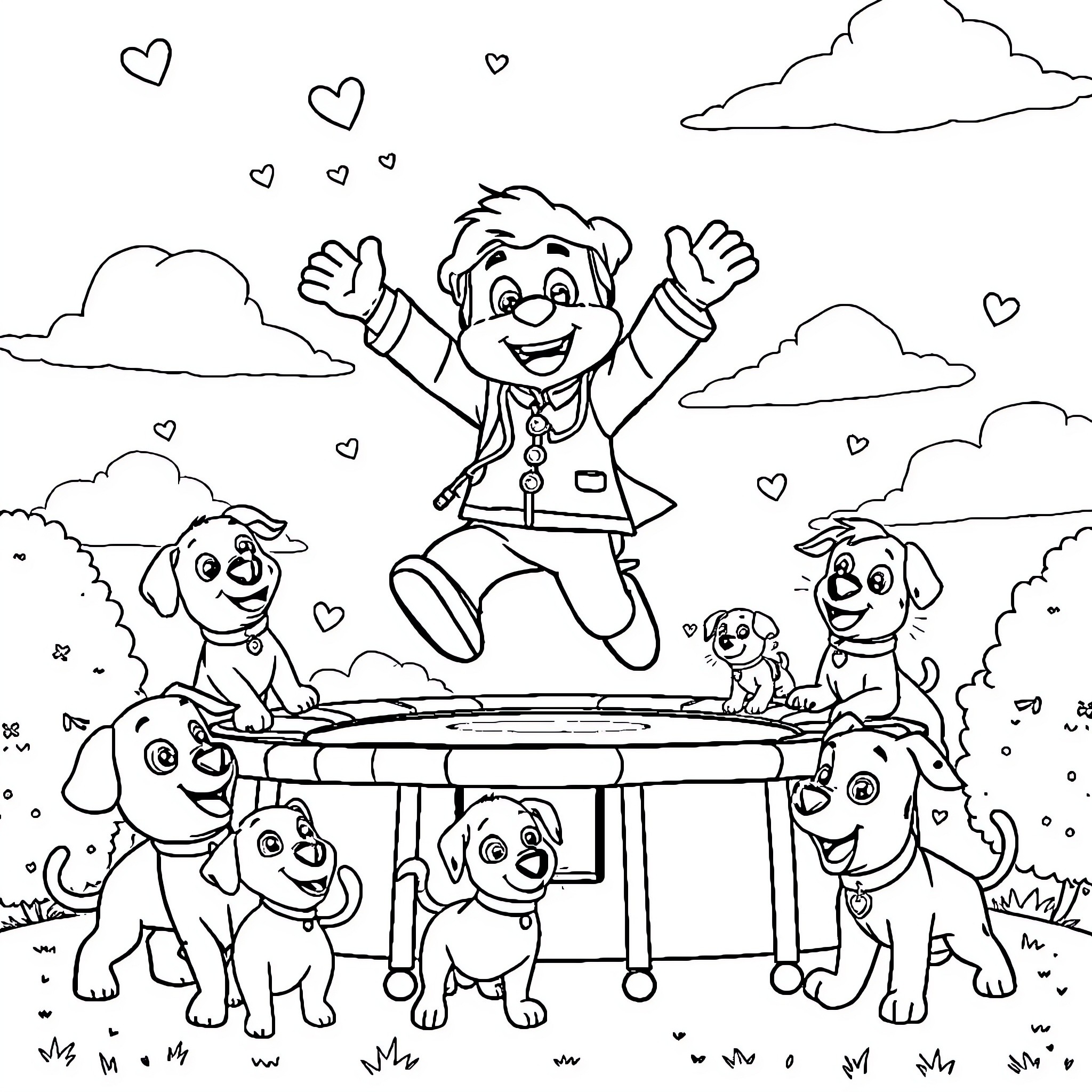 Doctor MC Stuffing Playing with Cute Puppies in Joyful Outdoor Scene Coloring Page (free black-and-white line drawing printable PDF for all, from beginners to advanced learners, including children, teens, adults, and seniors)
