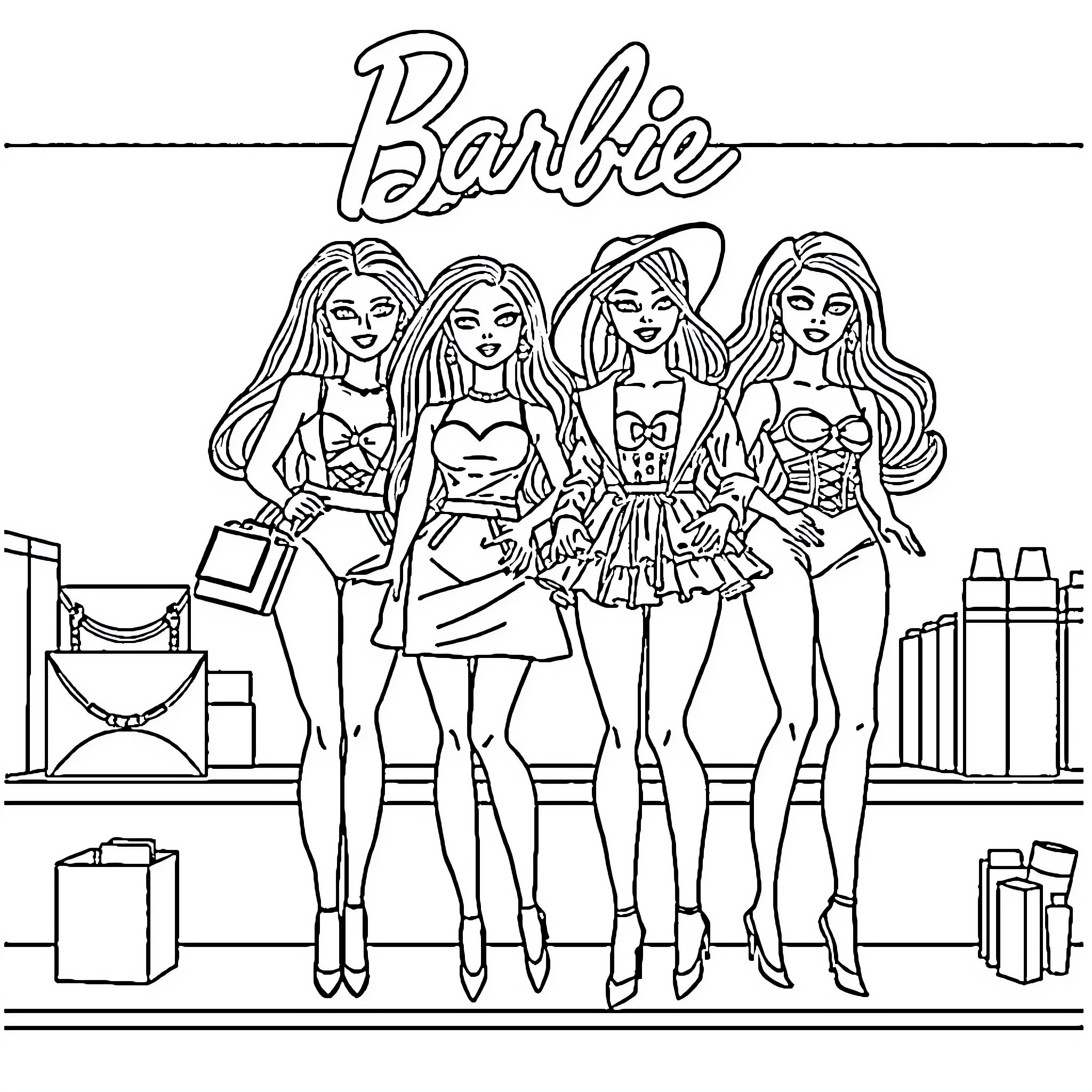Barbie dolls posing together in fashionable outfits Coloring Page (free black-and-white line drawing printable PDF for all, from beginners to advanced learners, including children, teens, adults, and seniors)