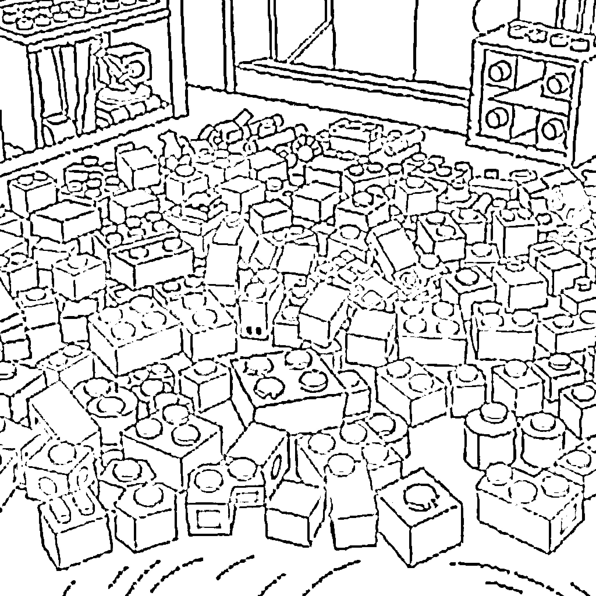 Lego blocks scattered in a messy room Coloring Page (free black-and-white line drawing printable PDF for all, from beginners to advanced learners, including children, teens, adults, and seniors)