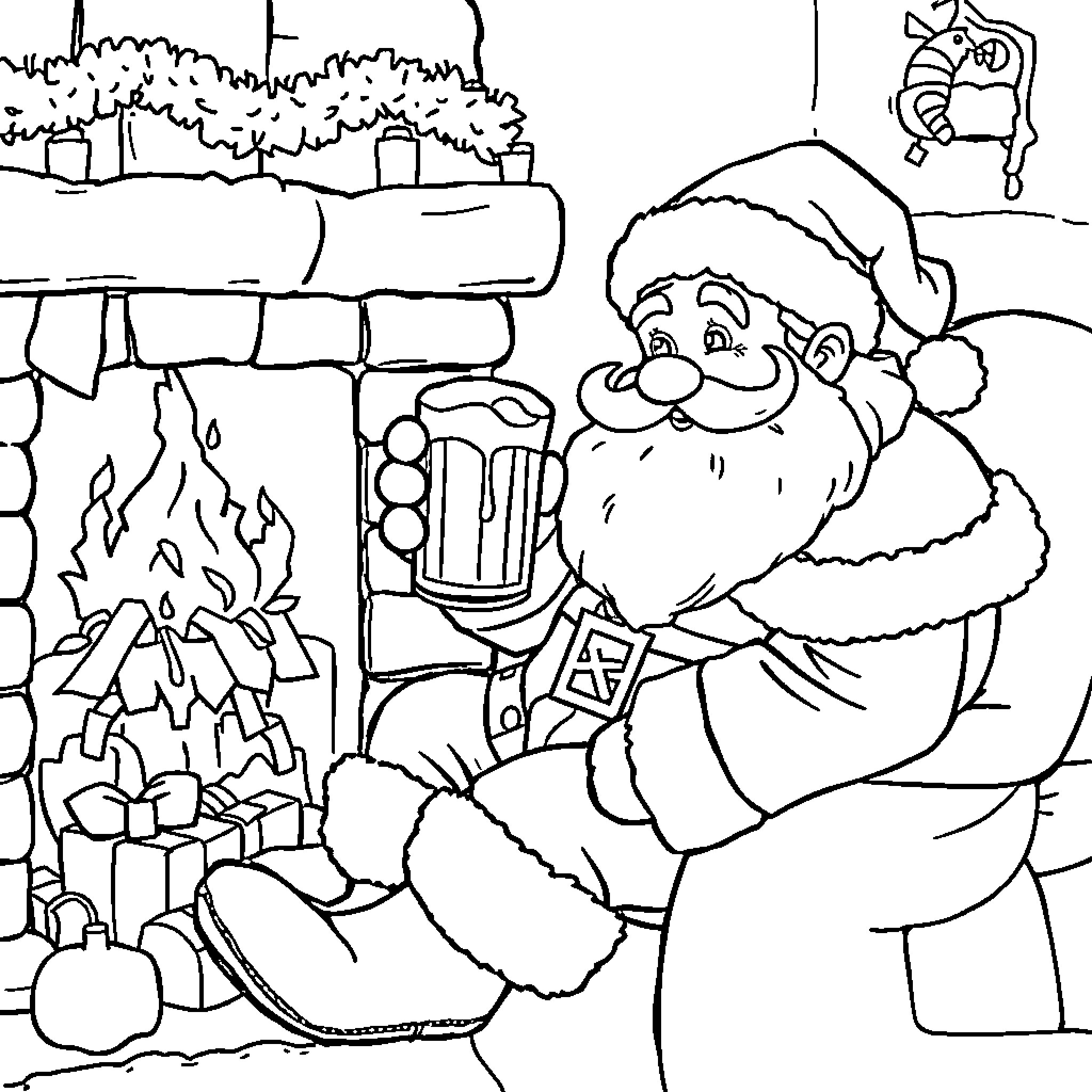 Santa Claus enjoying a festive drink by the fireplace Coloring Page (free black-and-white line drawing printable PDF for all, from beginners to advanced learners, including children, teens, adults, and seniors)