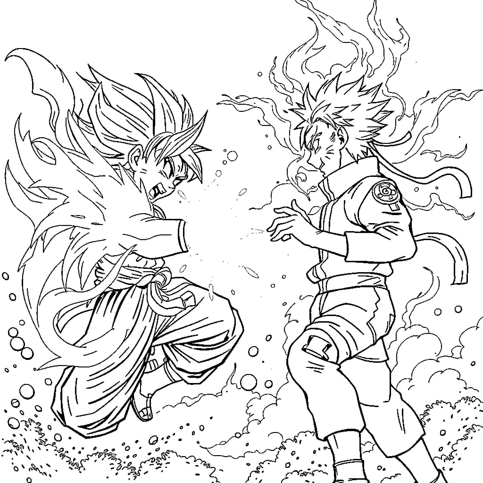 Goku's Intense Anime Showdown Coloring Page (free black-and-white line drawing printable PDF for all, from beginners to advanced learners, including children, teens, adults, and seniors)