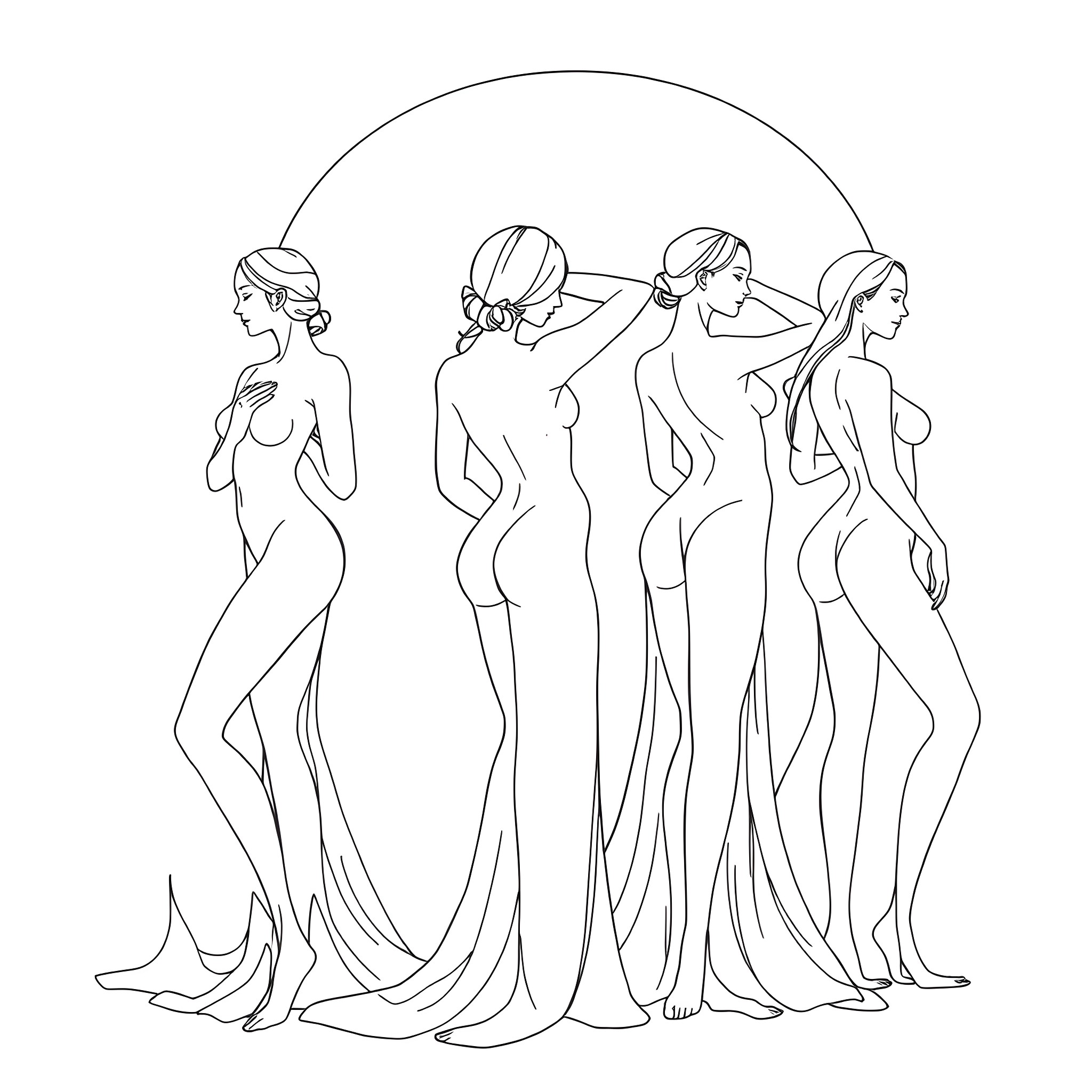 People posing in elegant dresses Coloring Page (free black-and-white line drawing printable PDF for all, from beginners to advanced learners, including children, teens, adults, and seniors)