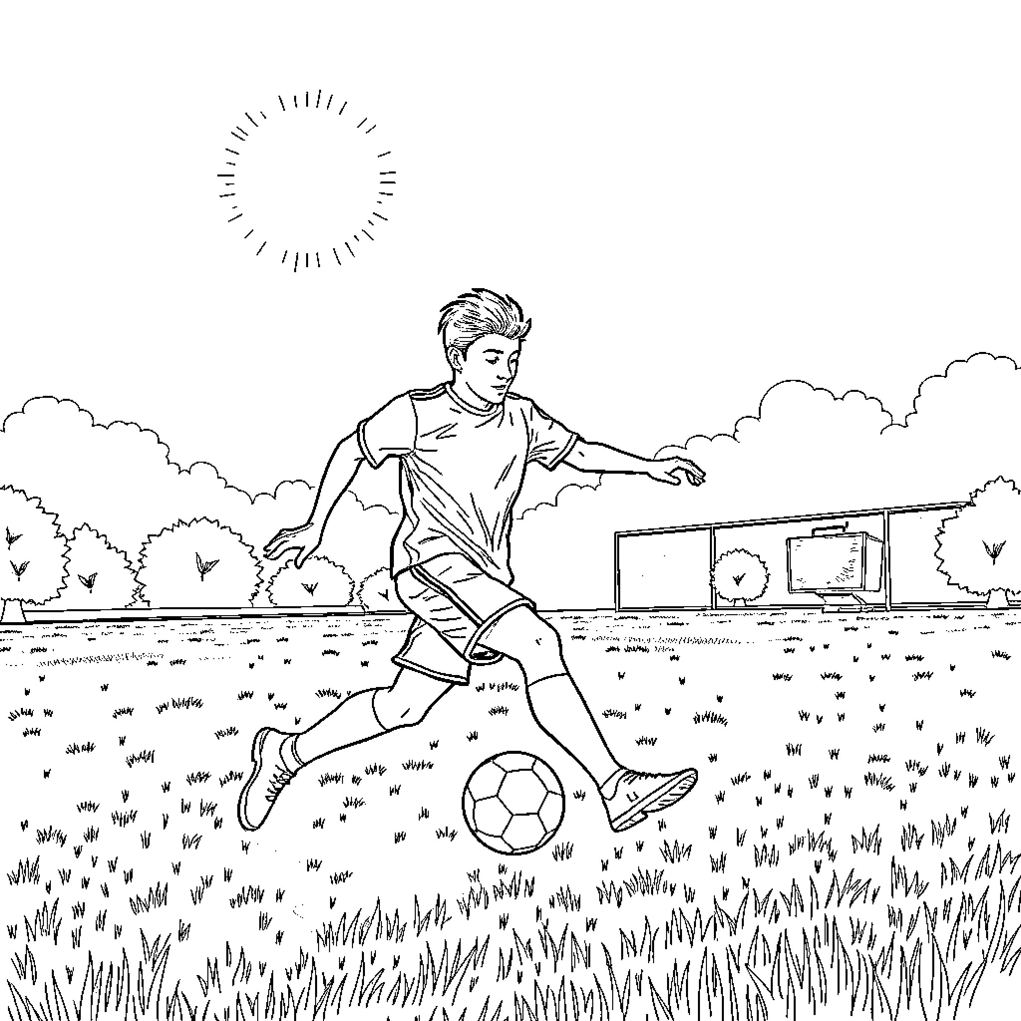 Football player running and dribbling on the field Coloring Page (free black-and-white line drawing printable PDF for all, from beginners to advanced learners, including children, teens, adults, and seniors)