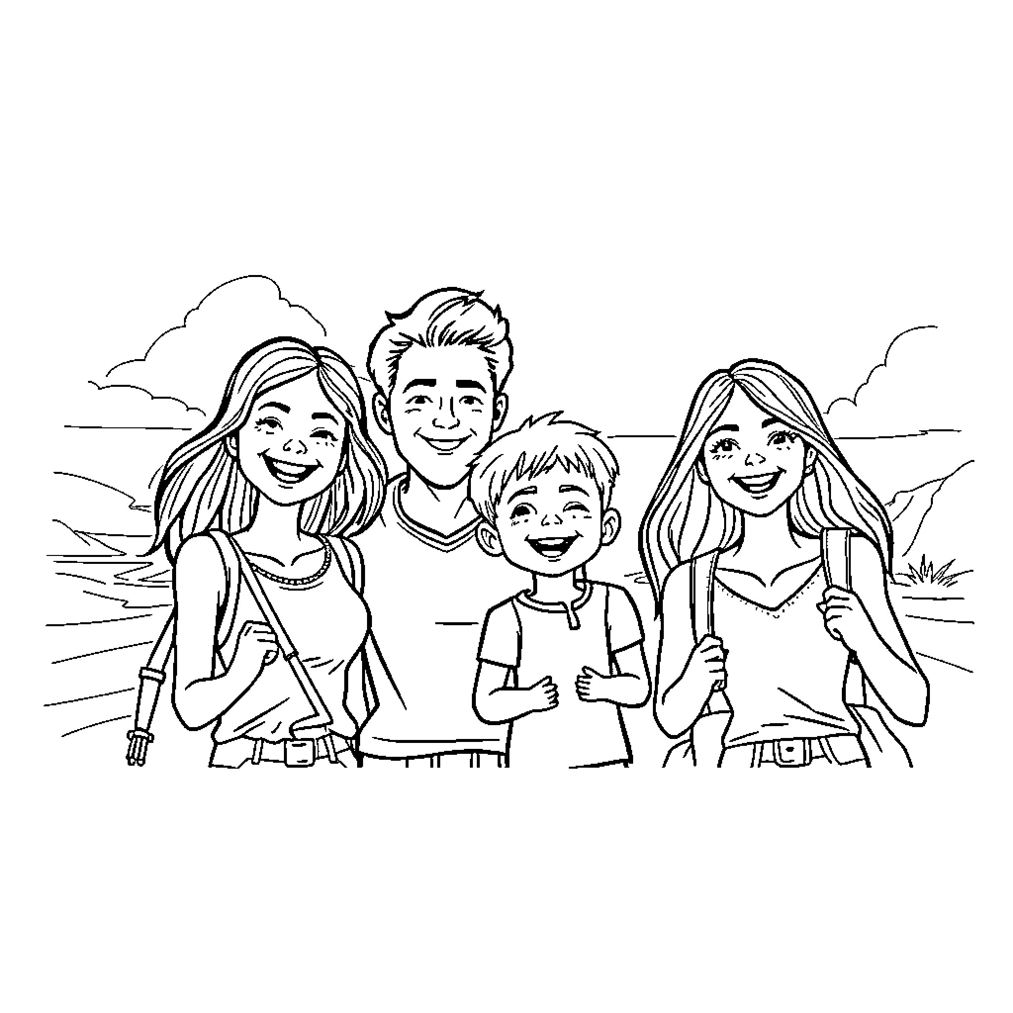 Family enjoying a day out together Coloring Page (free black-and-white line drawing printable PDF for all, from beginners to advanced learners, including children, teens, adults, and seniors)