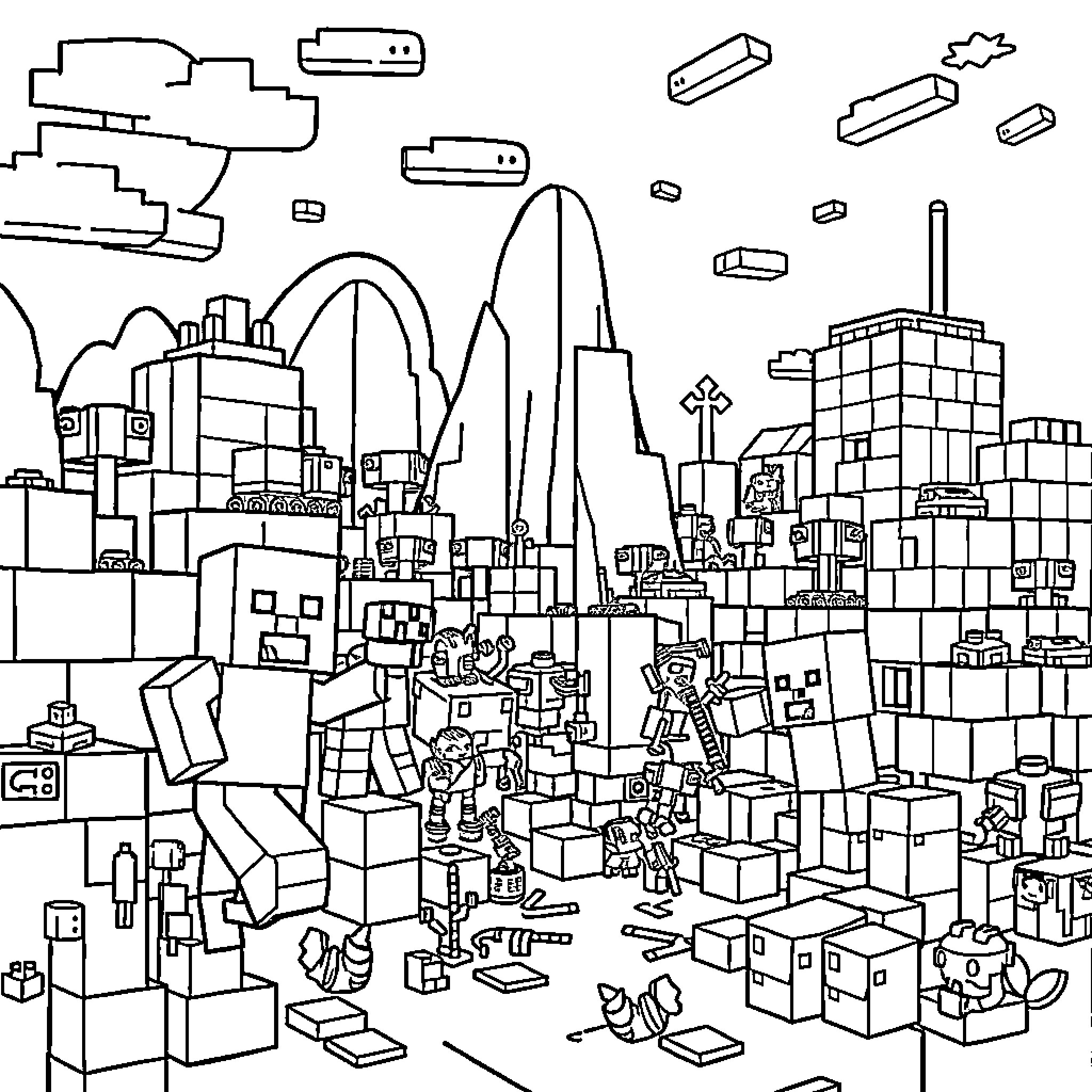 Minecraft cityscape with buildings and characters Coloring Page (free black-and-white line drawing printable PDF for all, from beginners to advanced learners, including children, teens, adults, and seniors)