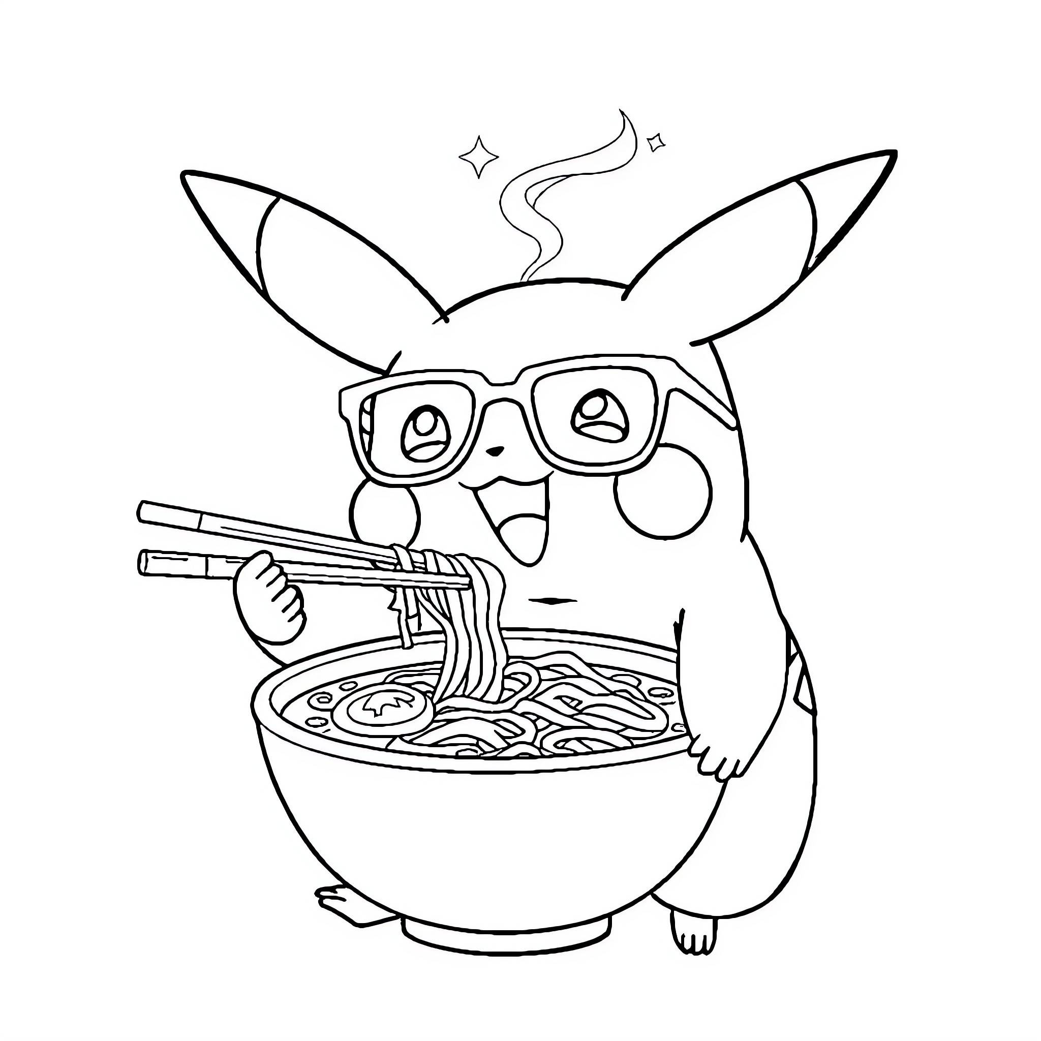 Pikachu Enjoying Delicious Noodles with Joy Coloring Page (free black-and-white line drawing printable PDF for all, from beginners to advanced learners, including children, teens, adults, and seniors)