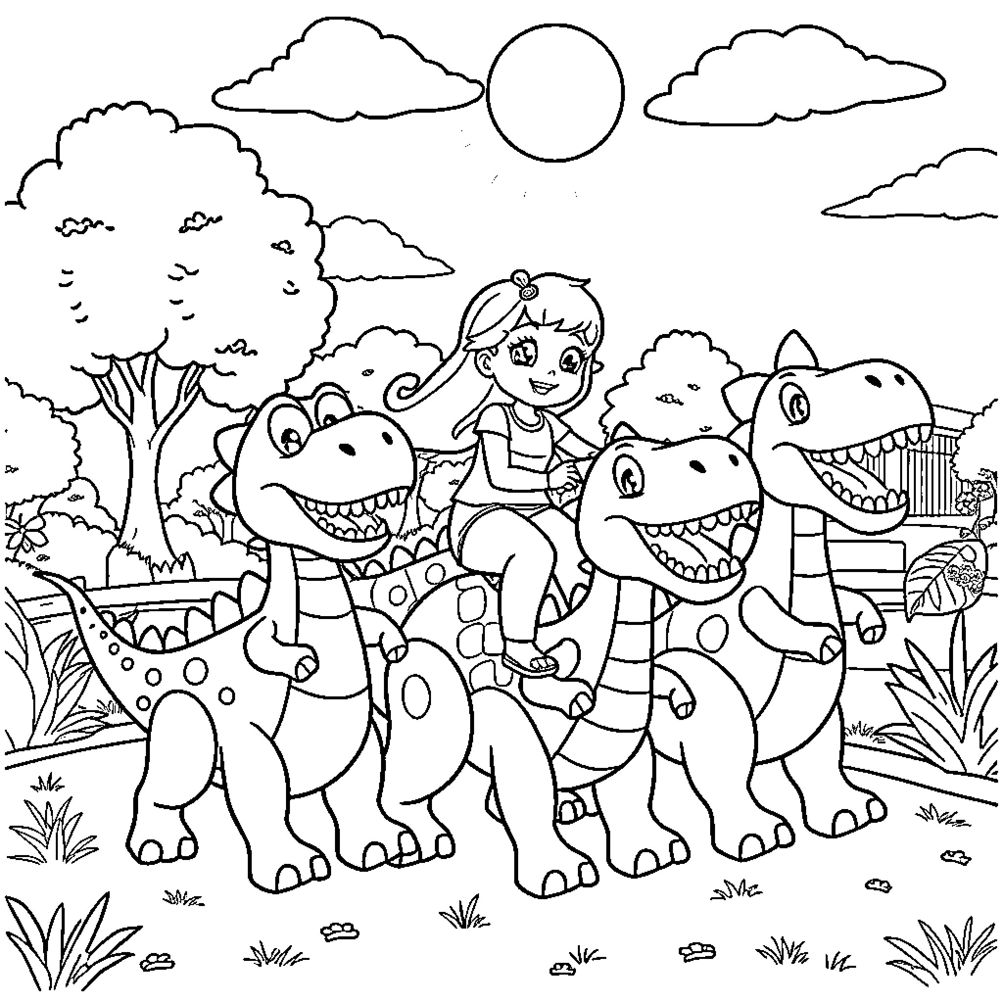 Bluey playing with friendly dinosaurs in the outdoors Coloring Page (free black-and-white line drawing printable PDF for all, from beginners to advanced learners, including children, teens, adults, and seniors)
