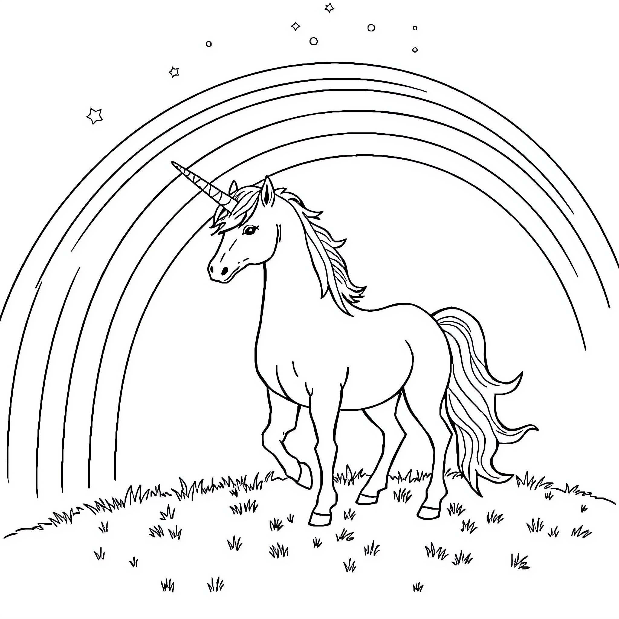 Unicorn standing in a field with a rainbow Coloring Page (free black-and-white line drawing printable PDF for all, from beginners to advanced learners, including children, teens, adults, and seniors)