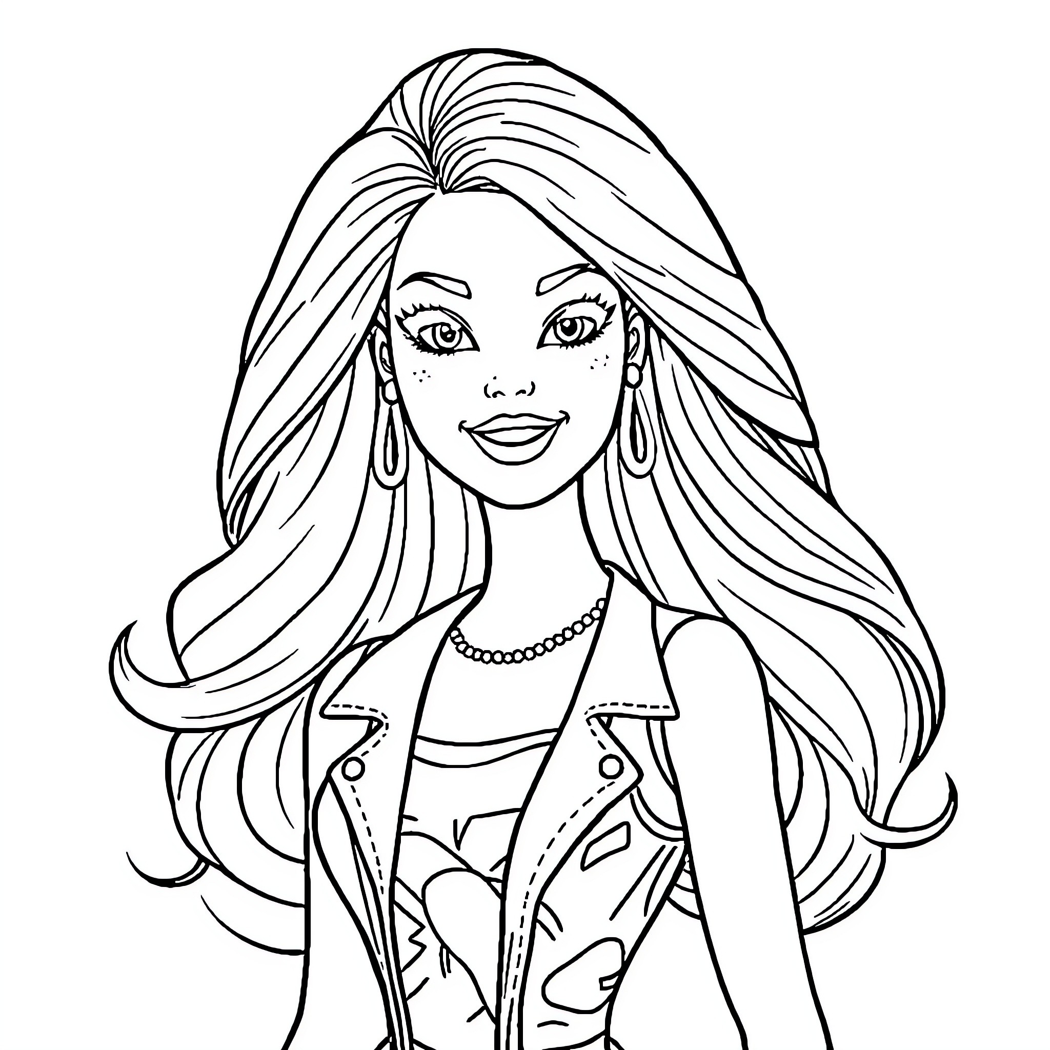 Barbie posing with long flowing hair Coloring Page (free black-and-white line drawing printable PDF for all, from beginners to advanced learners, including children, teens, adults, and seniors)