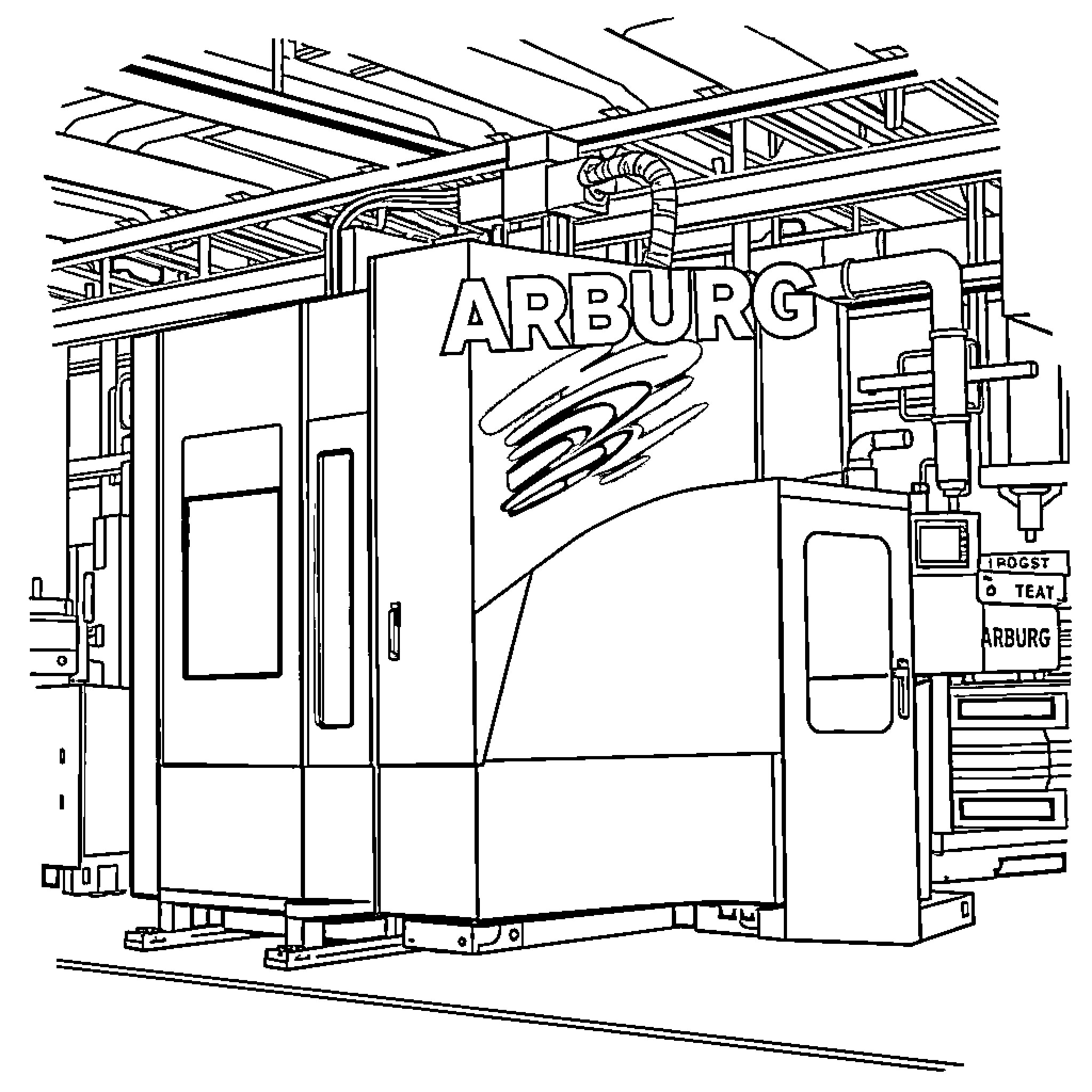 Molding Machine Factory Interior Coloring Page (free black-and-white line drawing printable PDF for all, from beginners to advanced learners, including children, teens, adults, and seniors)