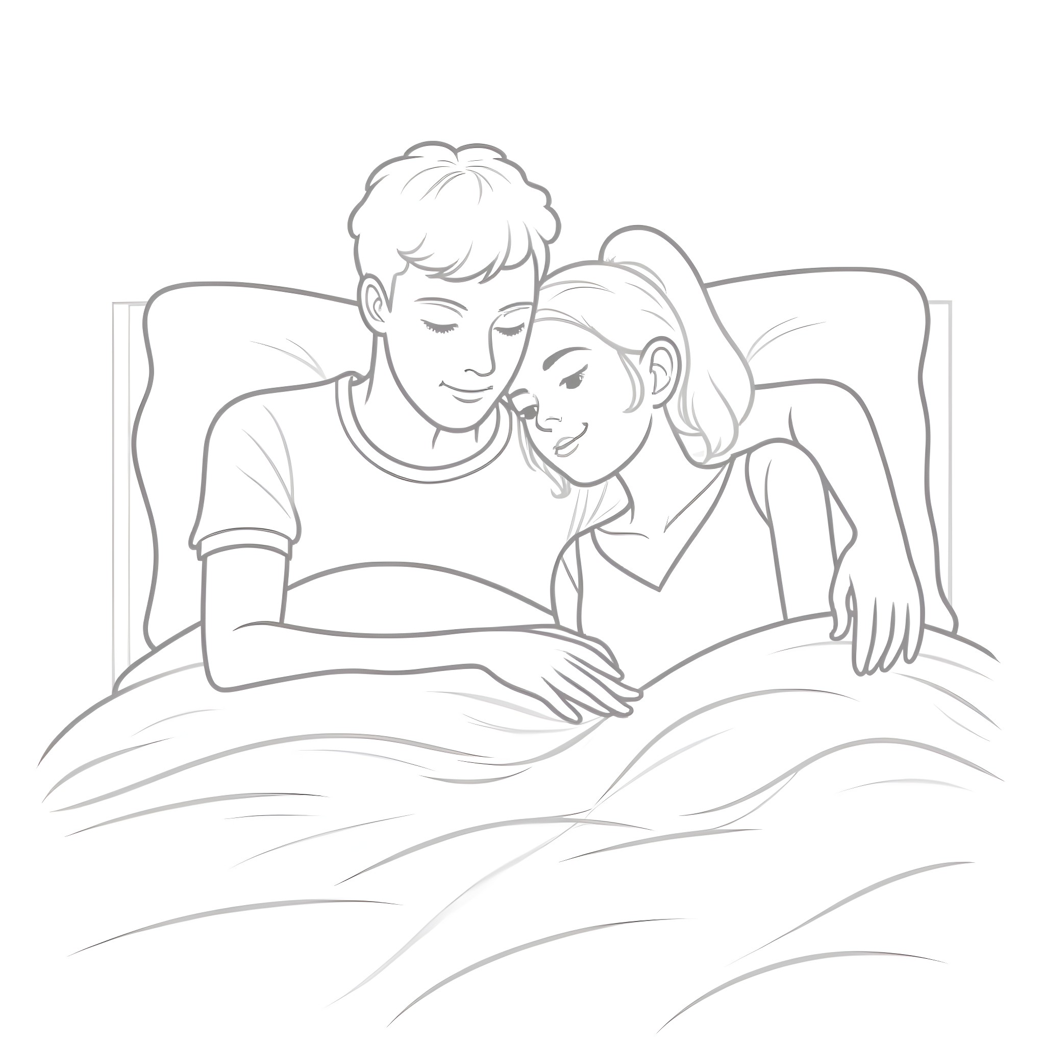 Man and Woman Cuddling in Bed Coloring Page (free black-and-white line drawing printable PDF for all, from beginners to advanced learners, including children, teens, adults, and seniors)