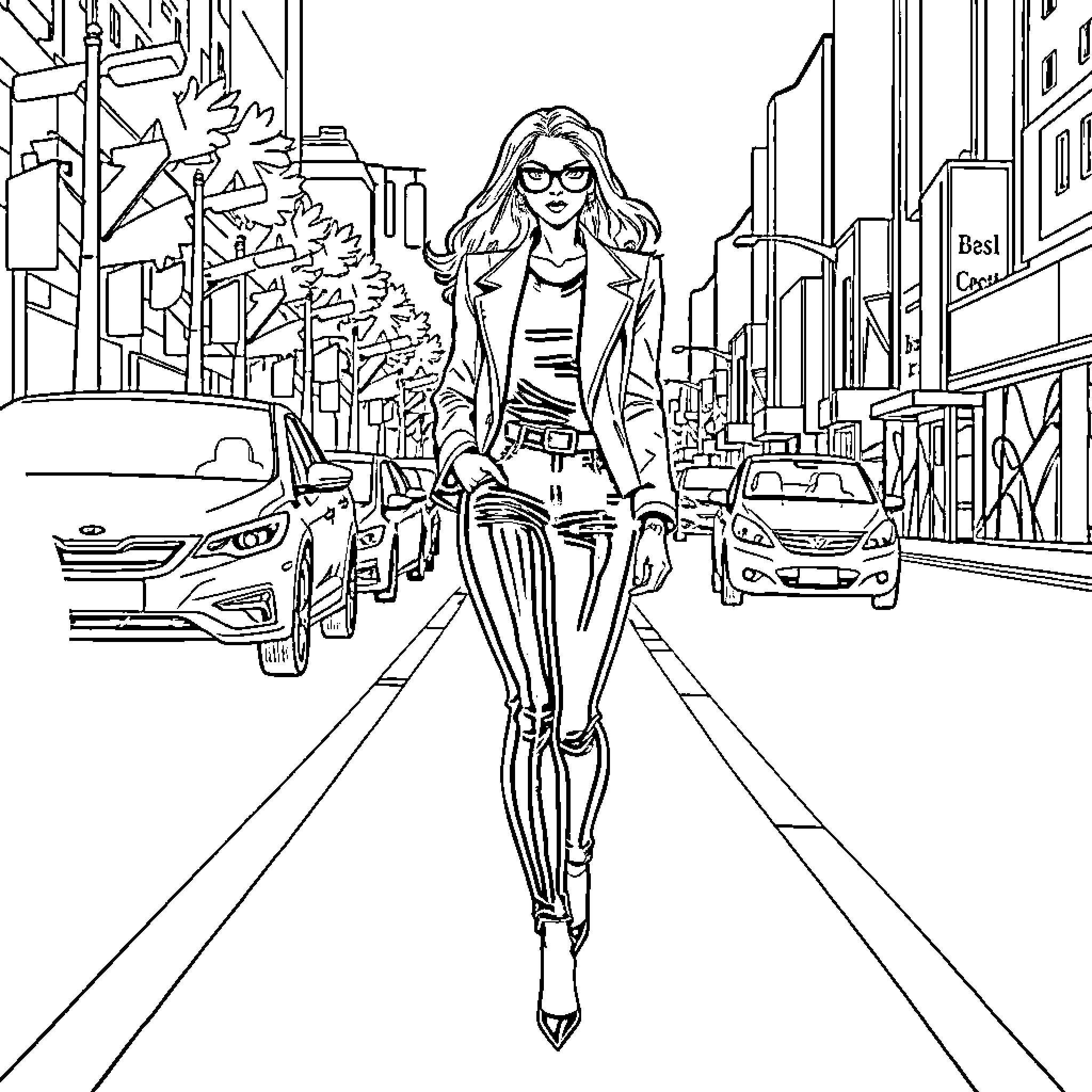Lady in stylish outfit walking down city street Coloring Page (free black-and-white line drawing printable PDF for all, from beginners to advanced learners, including children, teens, adults, and seniors)