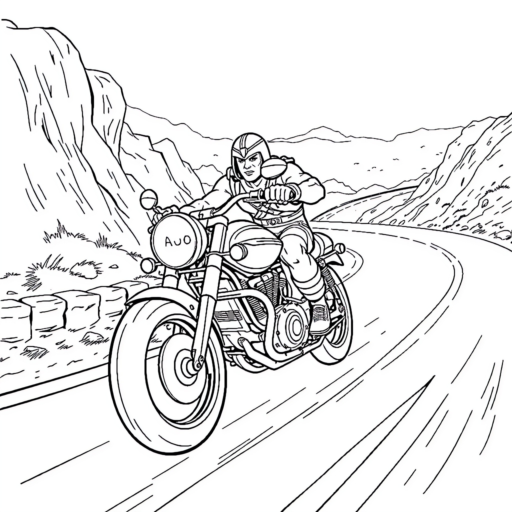 He-Man riding a motorcycle through a rugged landscape Coloring Page (free black-and-white line drawing printable PDF for all, from beginners to advanced learners, including children, teens, adults, and seniors)