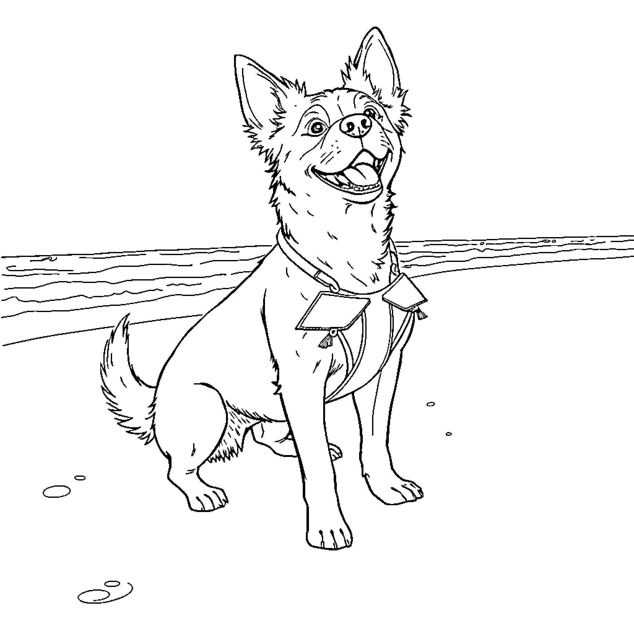 Dog in bowtie happily sitting on beach Coloring Page (free black-and-white line drawing printable PDF for all, from beginners to advanced learners, including children, teens, adults, and seniors)