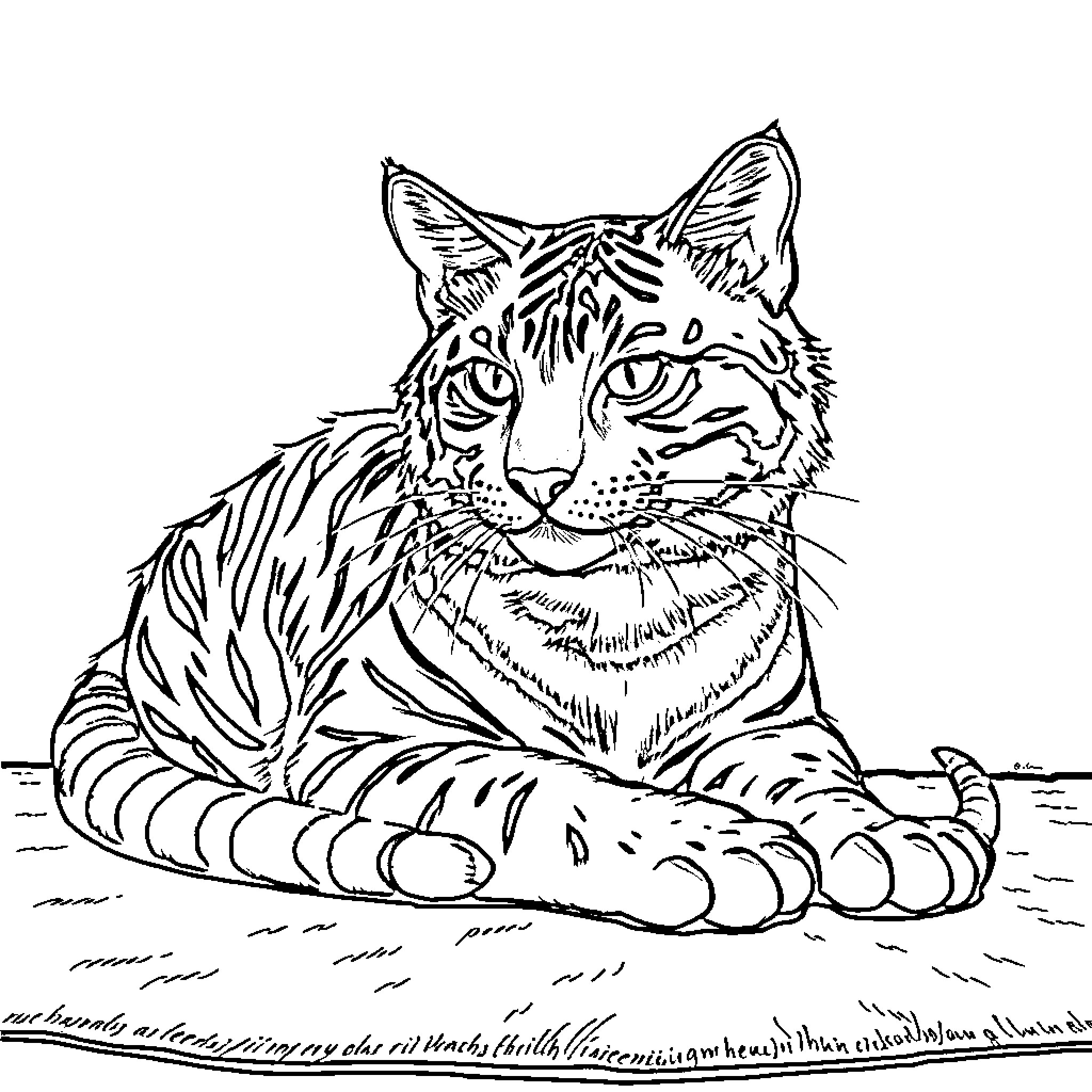 Cat Resting Calmly on the Ground Coloring Page (free black-and-white line drawing printable PDF for all, from beginners to advanced learners, including children, teens, adults, and seniors)