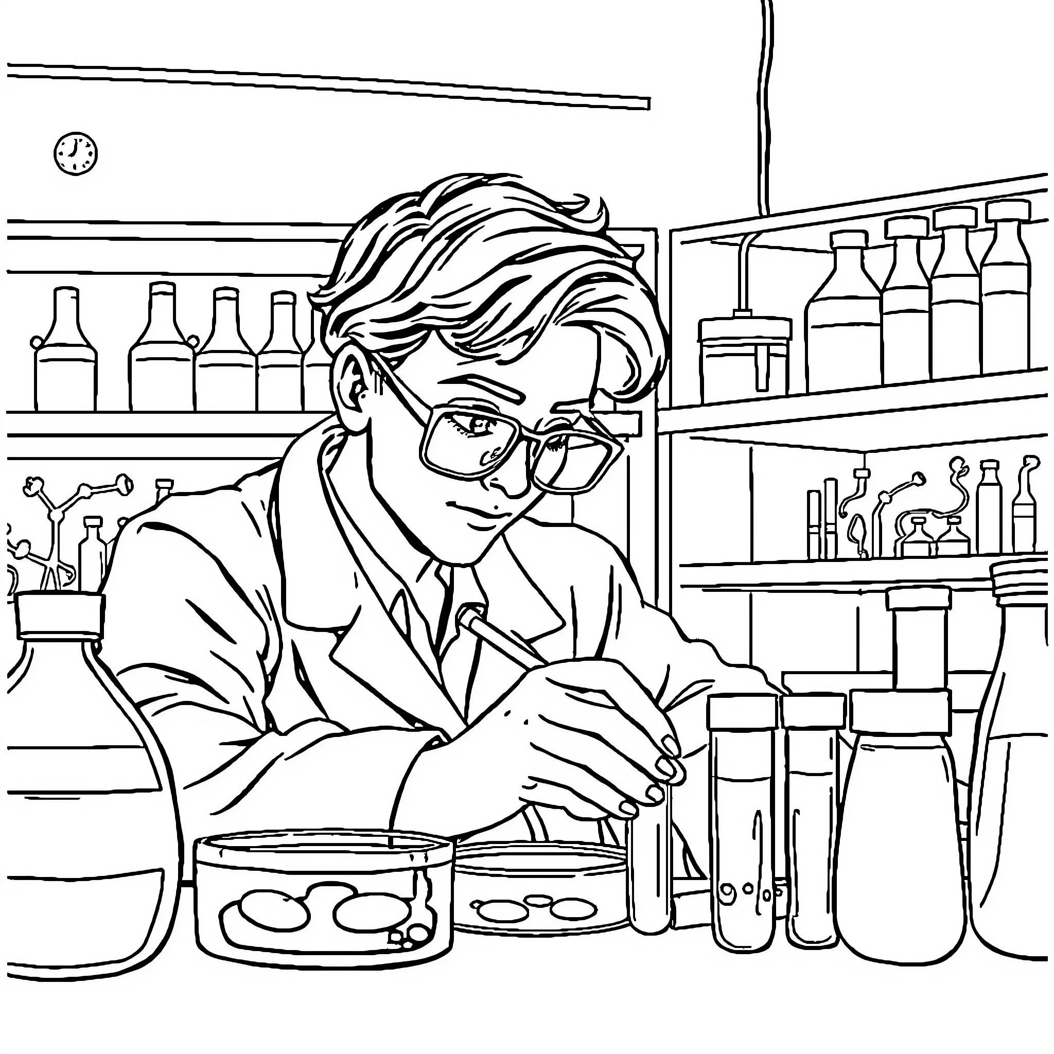 PhD Student Conducting Scientific Experiments in Laboratory Coloring Page (free black-and-white line drawing printable PDF for all, from beginners to advanced learners, including children, teens, adults, and seniors)