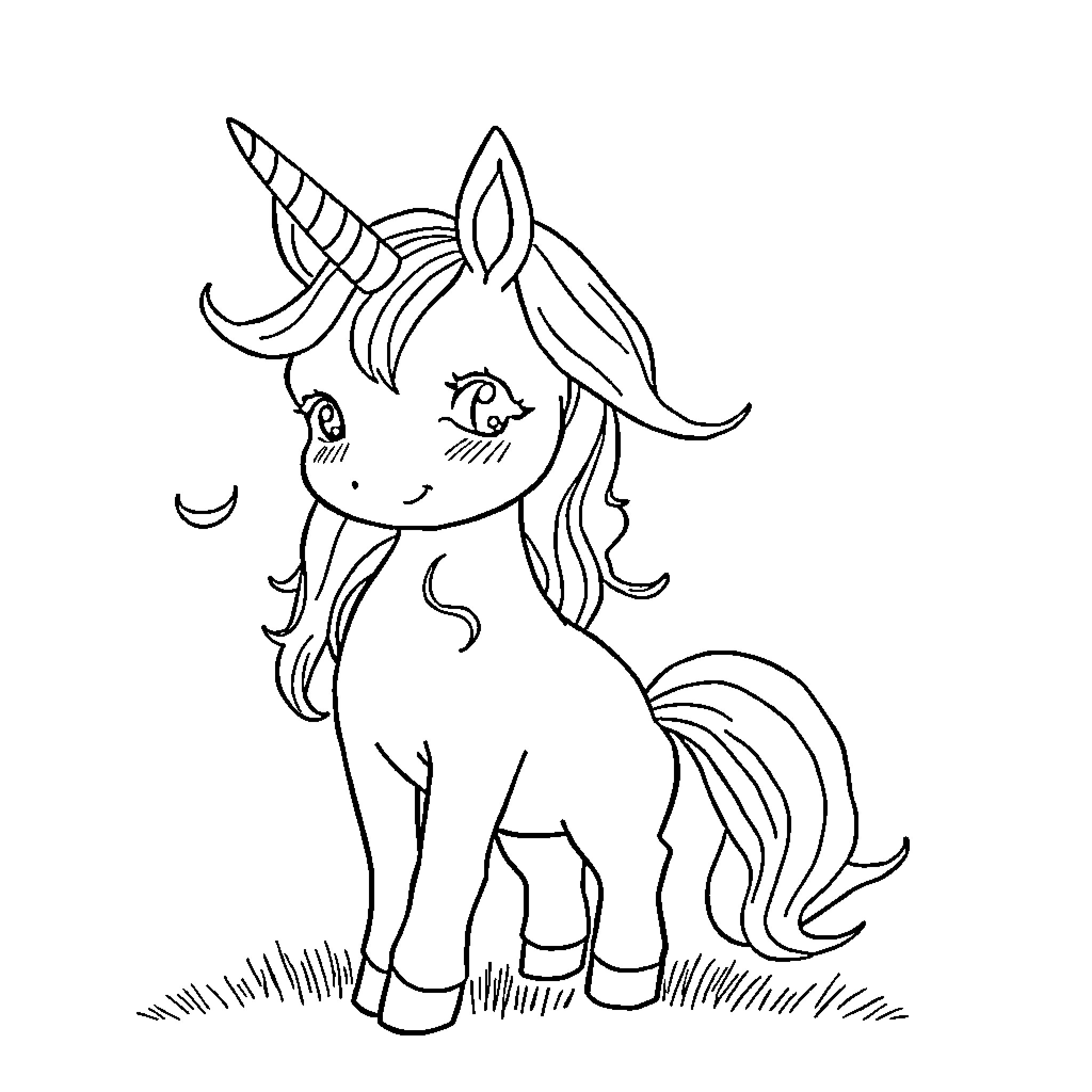 Unicorn smiling and standing in the field Coloring Page (free black-and-white line drawing printable PDF for all, from beginners to advanced learners, including children, teens, adults, and seniors)