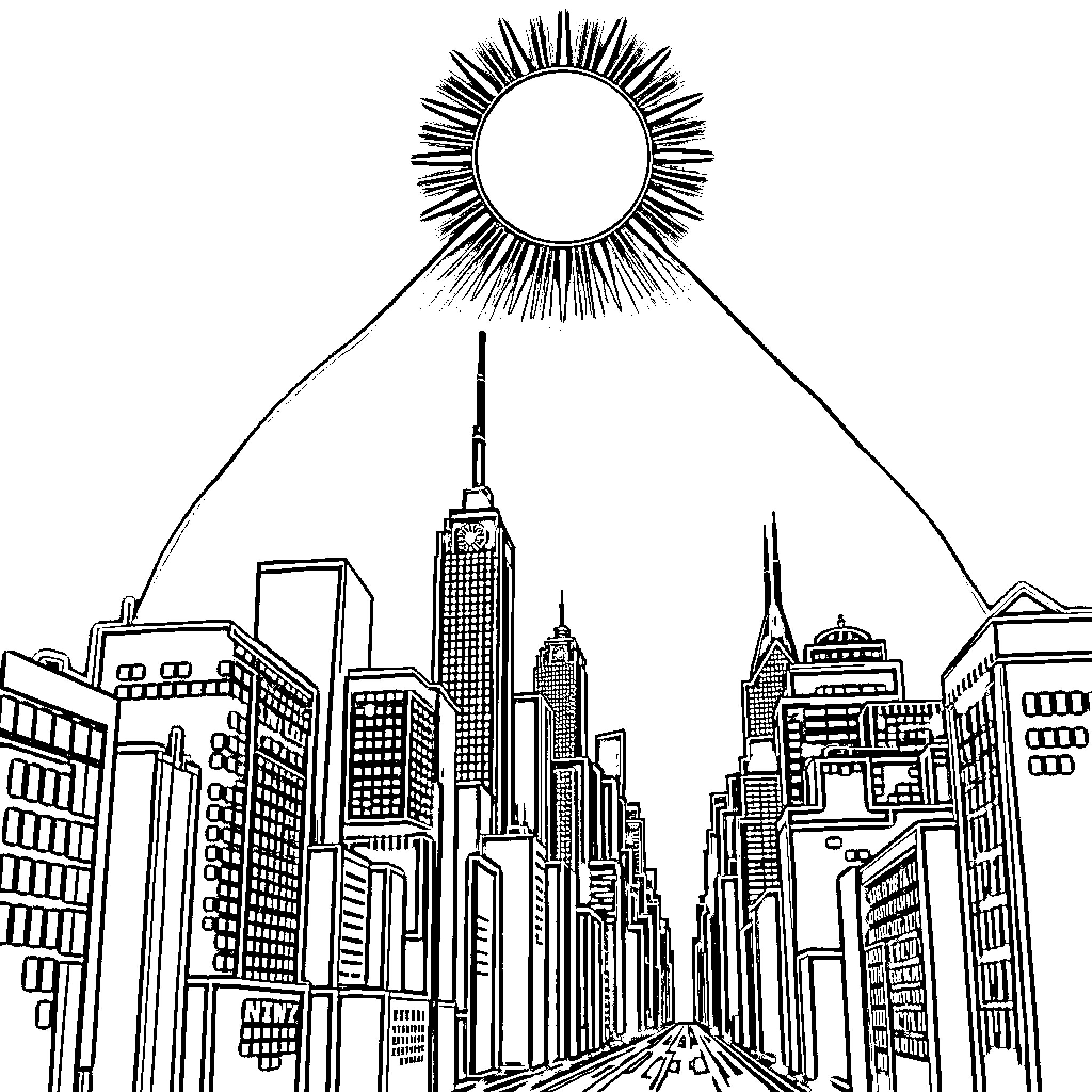City skyline with sunburst design Coloring Page (free black-and-white line drawing printable PDF for all, from beginners to advanced learners, including children, teens, adults, and seniors)