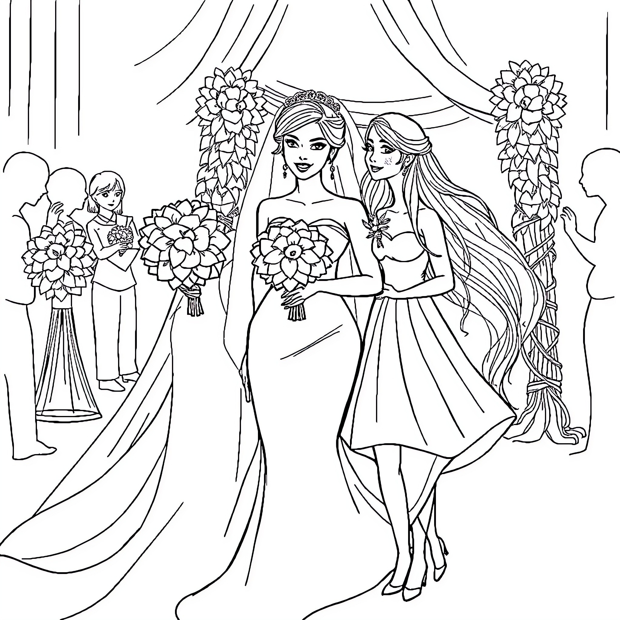 Woman in Elegant Wedding Gown with Bridesmaids Coloring Page (free black-and-white line drawing printable PDF for all, from beginners to advanced learners, including children, teens, adults, and seniors)