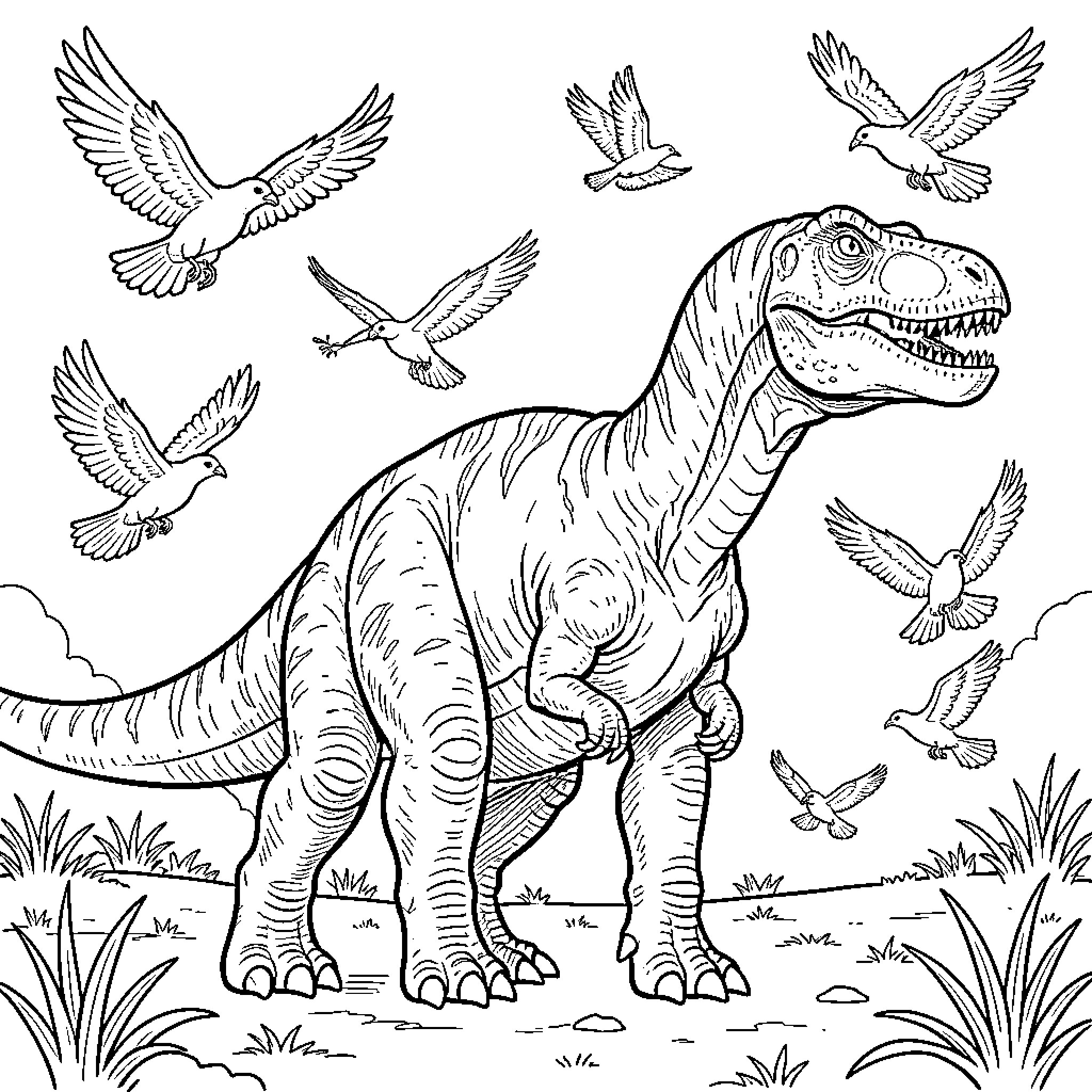 Dinosaur standing while birds fly in the sky Coloring Page (free black-and-white line drawing printable PDF for all, from beginners to advanced learners, including children, teens, adults, and seniors)