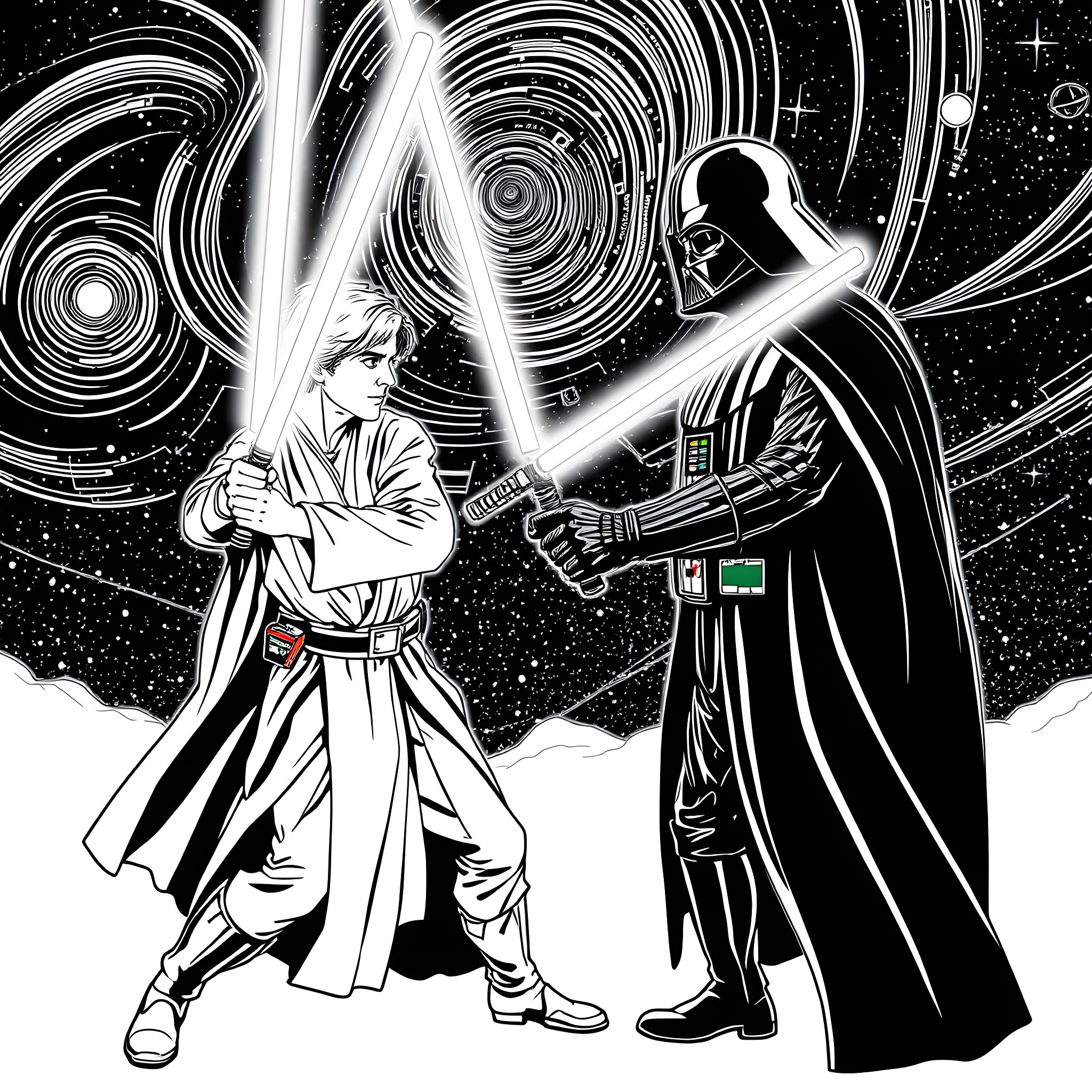 Skywalker's Duel with Darth Vader in the Starry Night Coloring Page (free black-and-white line drawing printable PDF for all, from beginners to advanced learners, including children, teens, adults, and seniors)