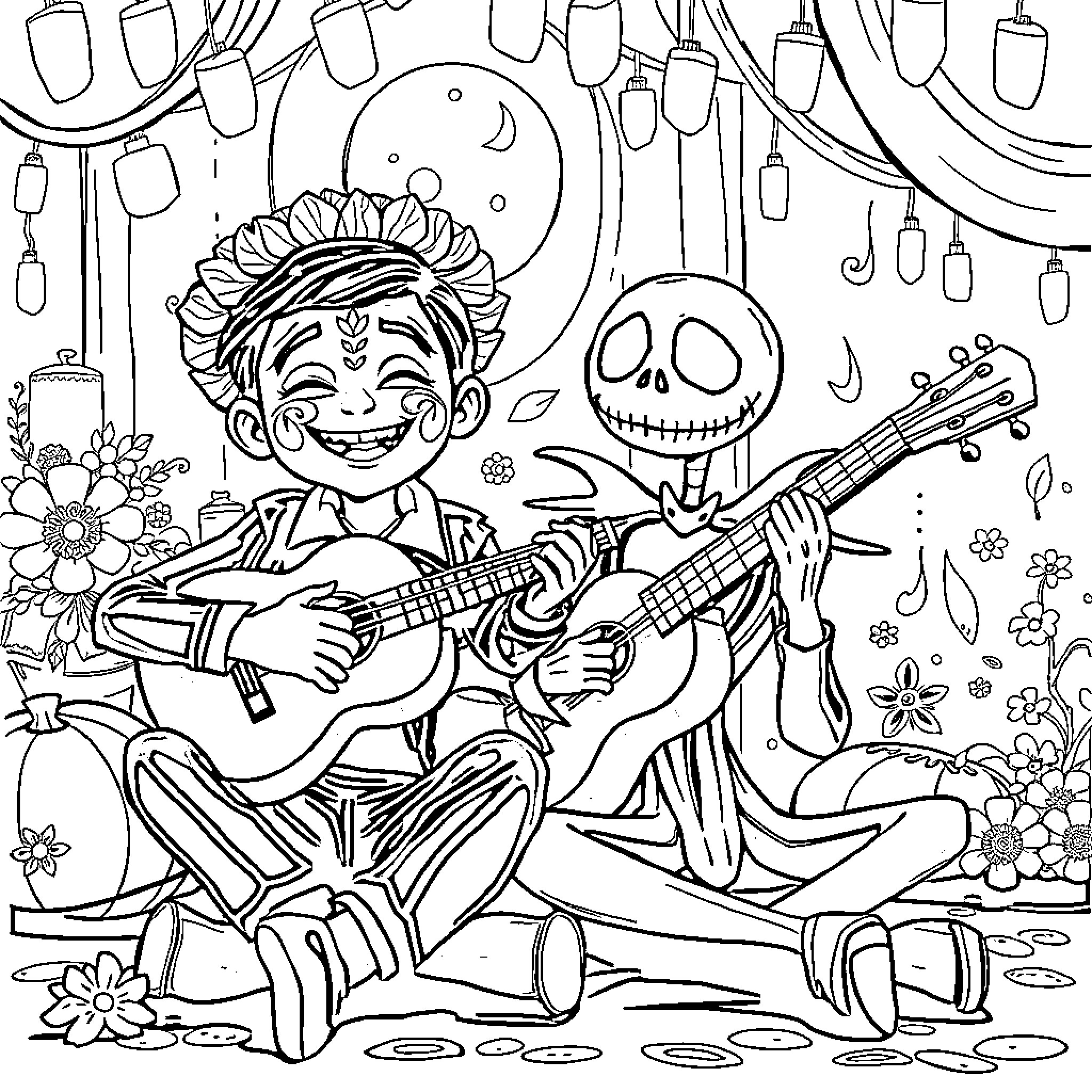 Miguel's Musical Encounter with a Skeletal Friend Coloring Page (free black-and-white line drawing printable PDF for all, from beginners to advanced learners, including children, teens, adults, and seniors)