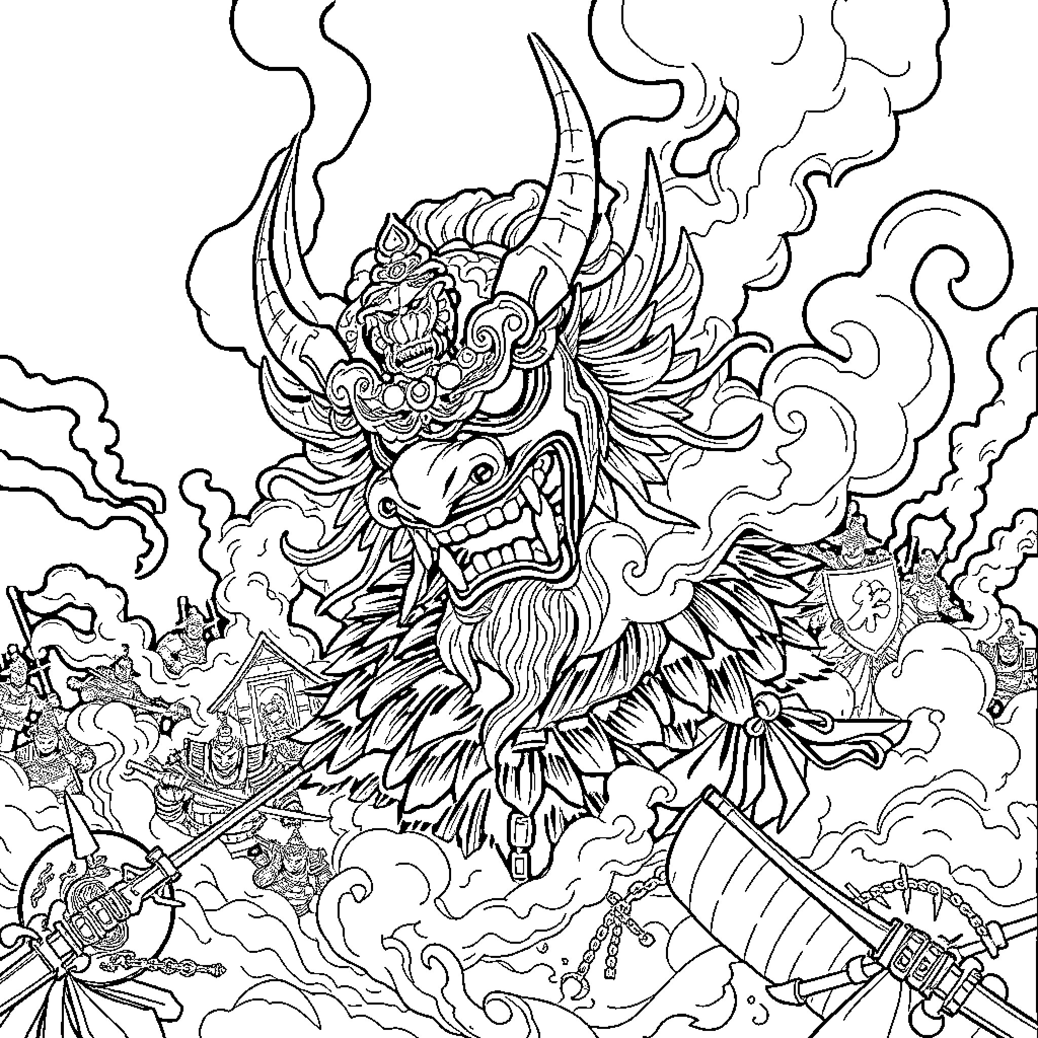 Hannya Mask Demon Unleashing Chaos and Destruction Coloring Page (free black-and-white line drawing printable PDF for all, from beginners to advanced learners, including children, teens, adults, and seniors)