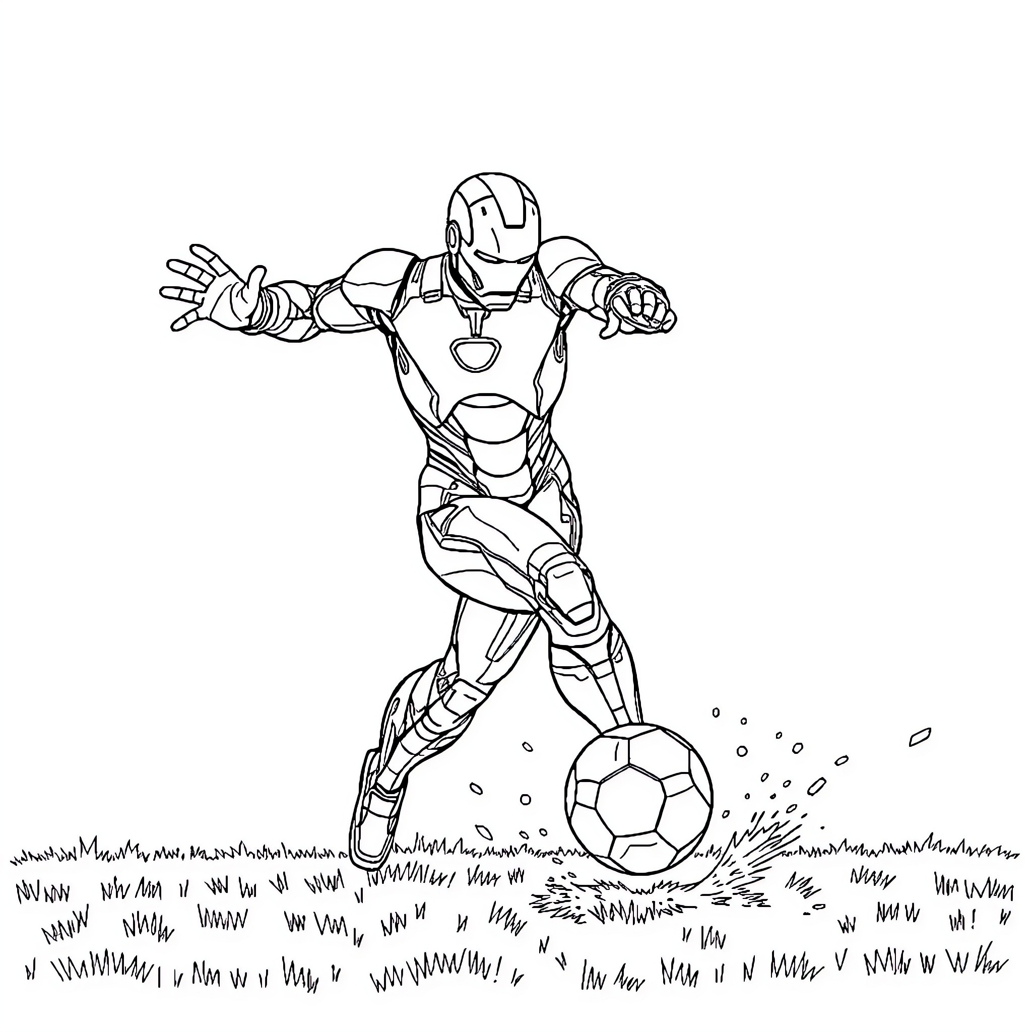 Iron Man kicking a soccer ball on the field Coloring Page (free black-and-white line drawing printable PDF for all, from beginners to advanced learners, including children, teens, adults, and seniors)