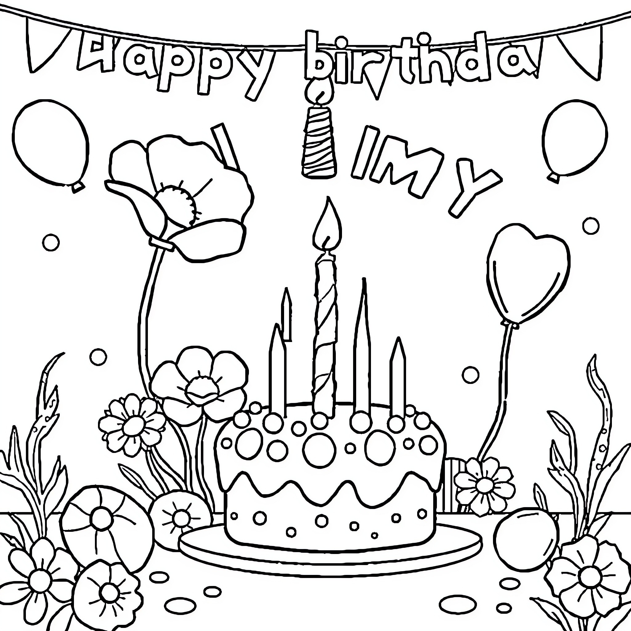 Poppy's Happy Birthday Celebration with Flowers and Cake Coloring Page (free black-and-white line drawing printable PDF for all, from beginners to advanced learners, including children, teens, adults, and seniors)