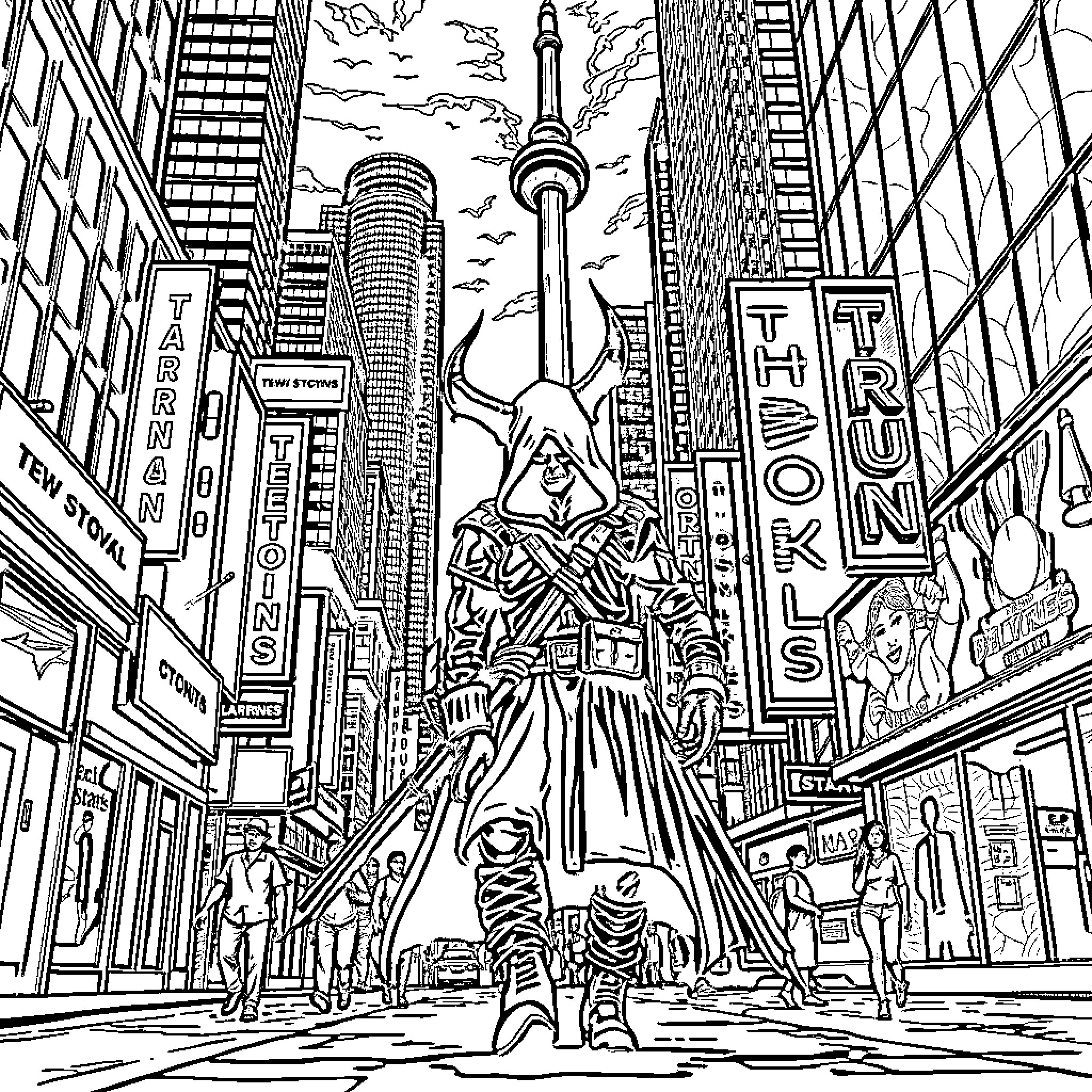 Demon Hunter Battles Foes in Towering Cityscape Coloring Page (free black-and-white line drawing printable PDF for all, from beginners to advanced learners, including children, teens, adults, and seniors)