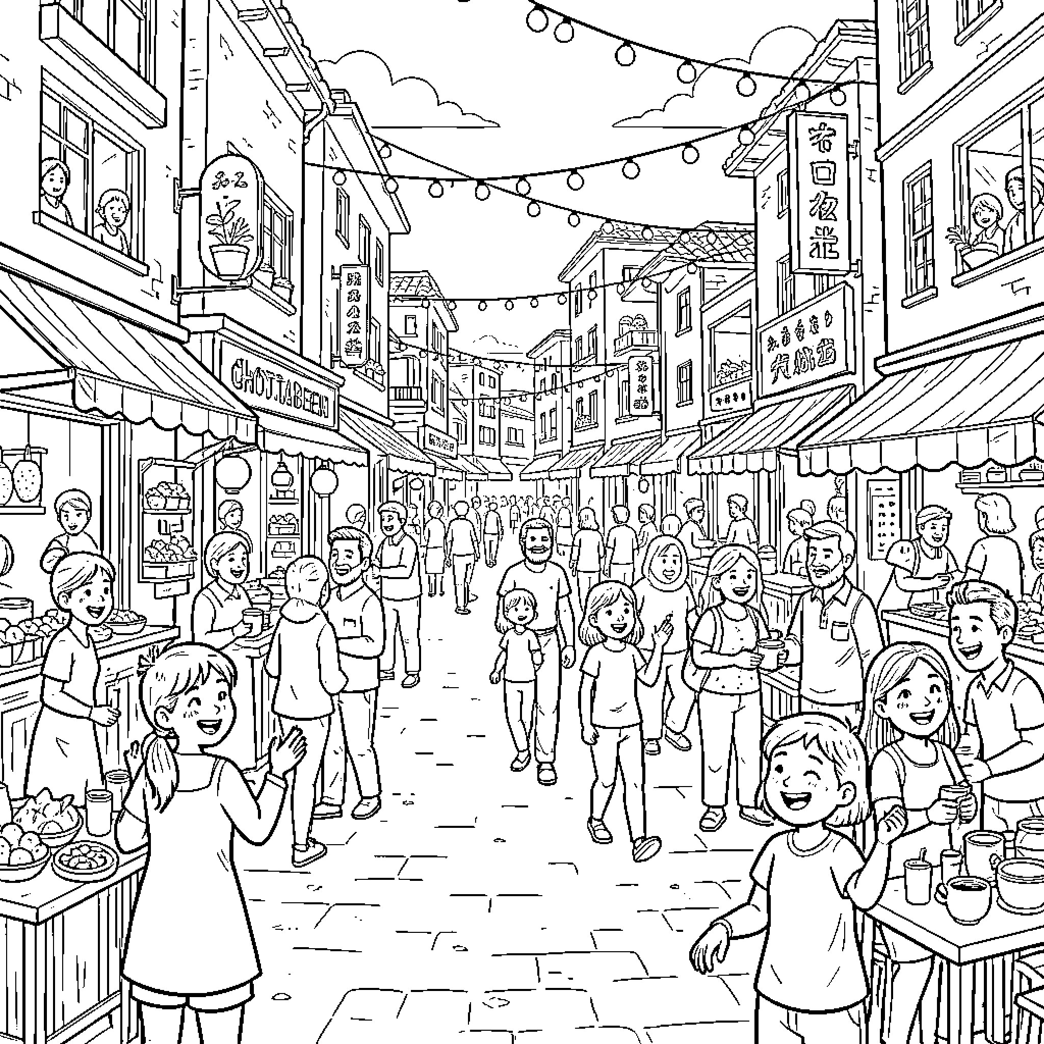 Chottabeen bustling crowd walking through a lively street market Coloring Page (free black-and-white line drawing printable PDF for all, from beginners to advanced learners, including children, teens, adults, and seniors)