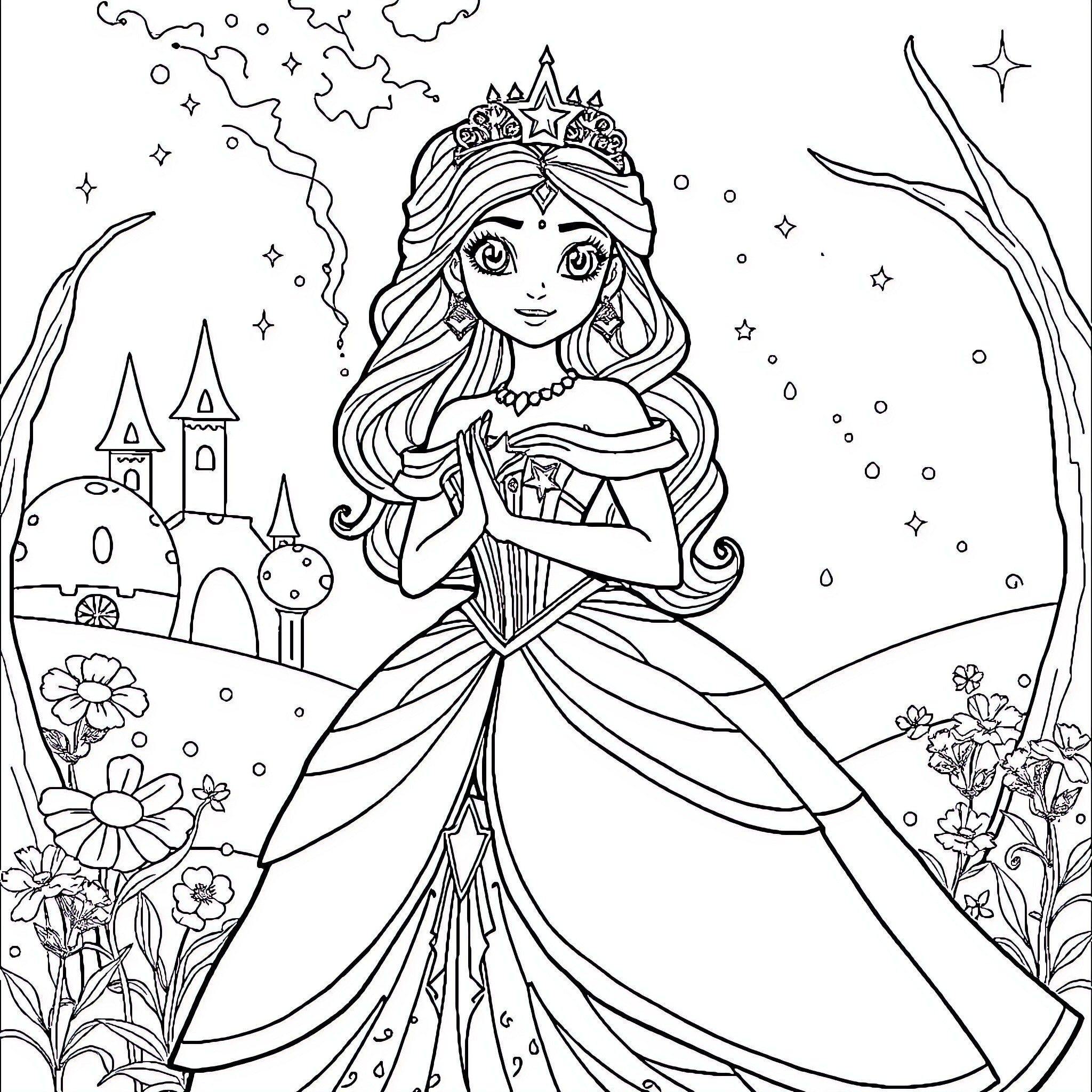 Princess in a Magical Kingdom Coloring Page (free black-and-white line drawing printable PDF for all, from beginners to advanced learners, including children, teens, adults, and seniors)