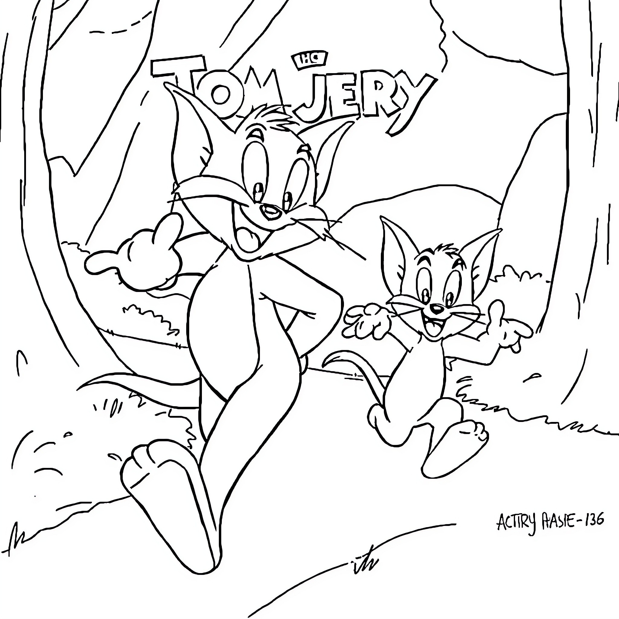 Tom and Jerry chasing each other in the woods Coloring Page (free black-and-white line drawing printable PDF for all, from beginners to advanced learners, including children, teens, adults, and seniors)