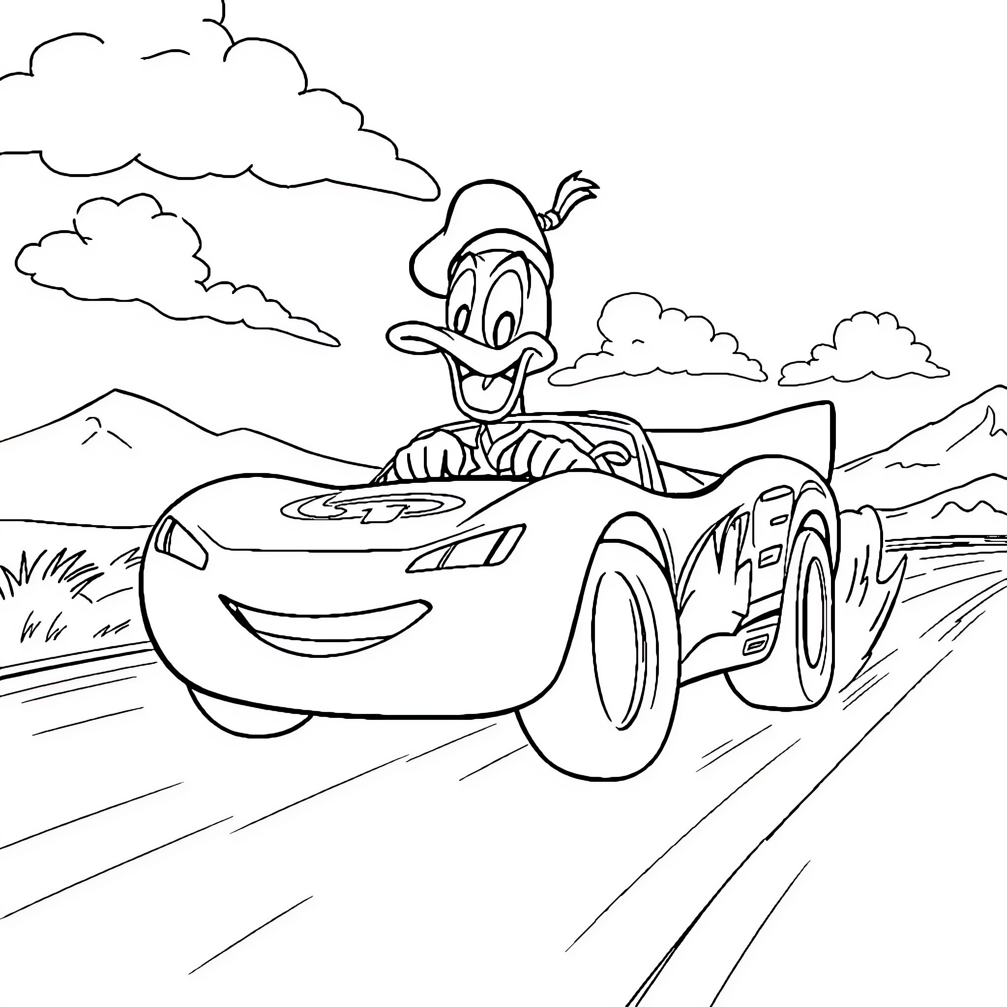 Donald Duck driving a racing car through the mountains Coloring Page (free black-and-white line drawing printable PDF for all, from beginners to advanced learners, including children, teens, adults, and seniors)