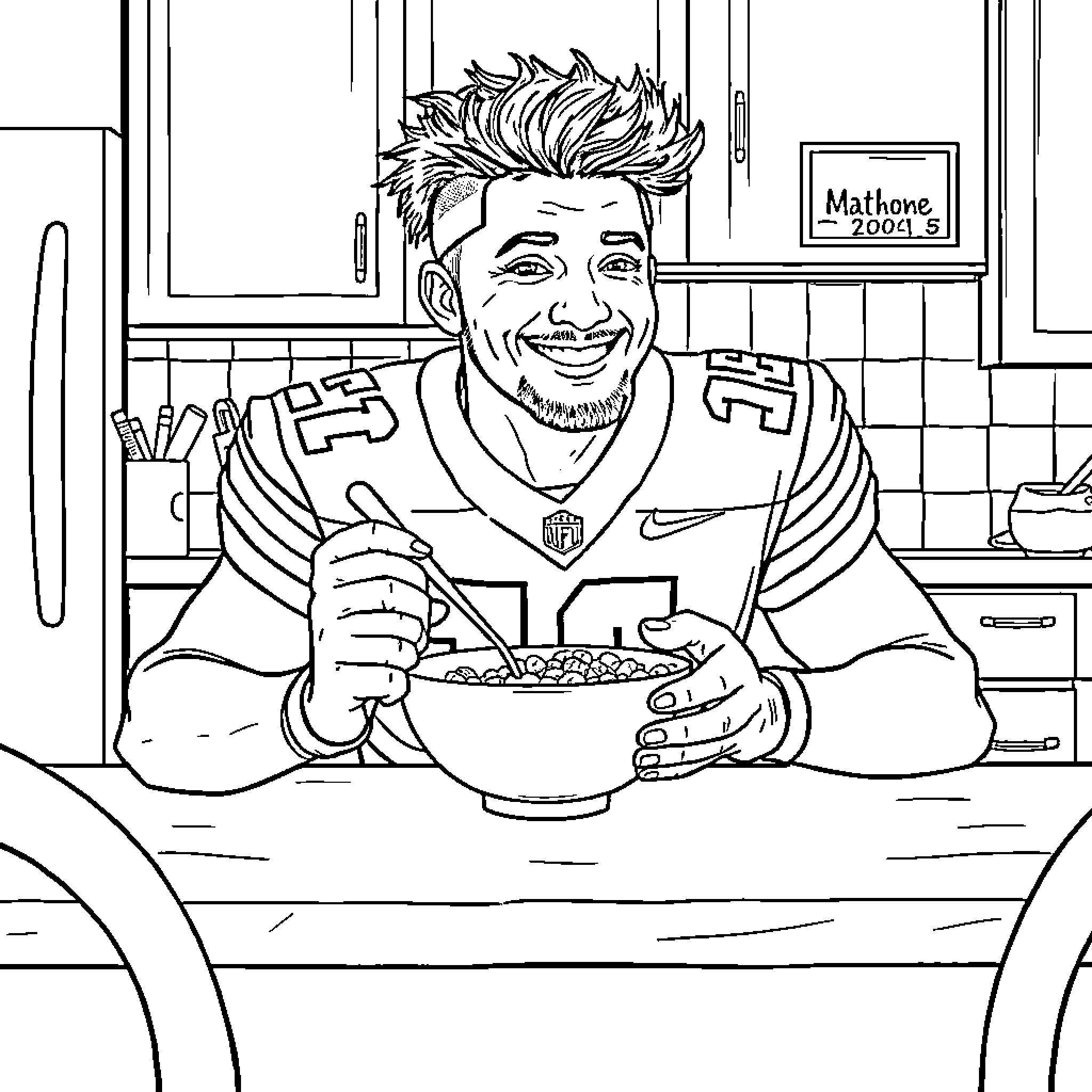 Patrick Mahomes Enjoying a Meal in His Kitchen Coloring Page (free black-and-white line drawing printable PDF for all, from beginners to advanced learners, including children, teens, adults, and seniors)