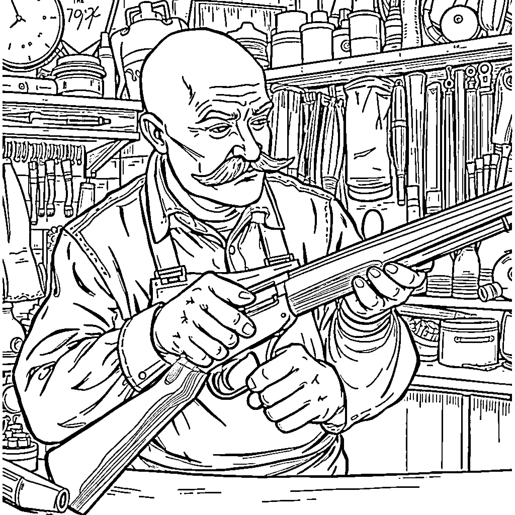 Gunsmith working intently on firearm repairs Coloring Page (free black-and-white line drawing printable PDF for all, from beginners to advanced learners, including children, teens, adults, and seniors)