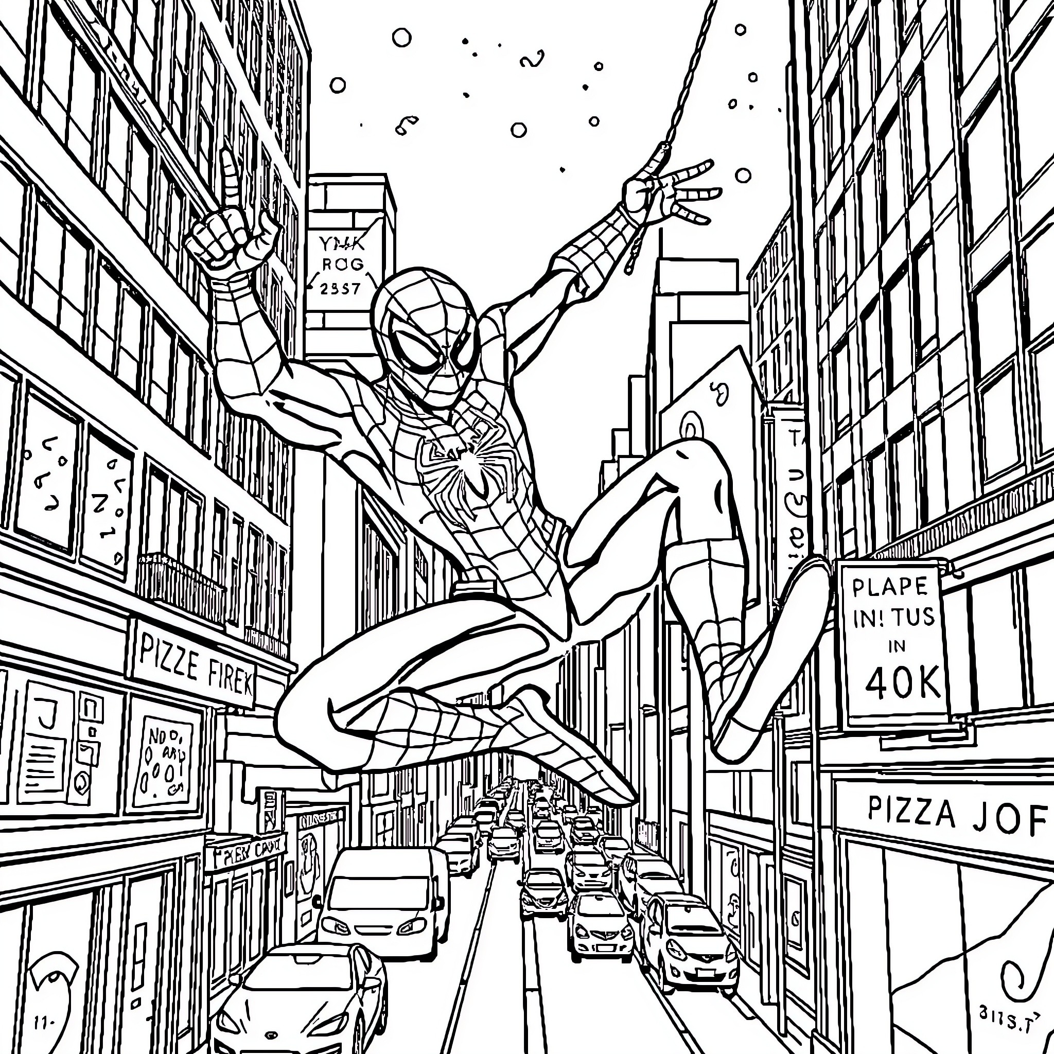 Spiderman swinging through the city streets Coloring Page (free black-and-white line drawing printable PDF for all, from beginners to advanced learners, including children, teens, adults, and seniors)